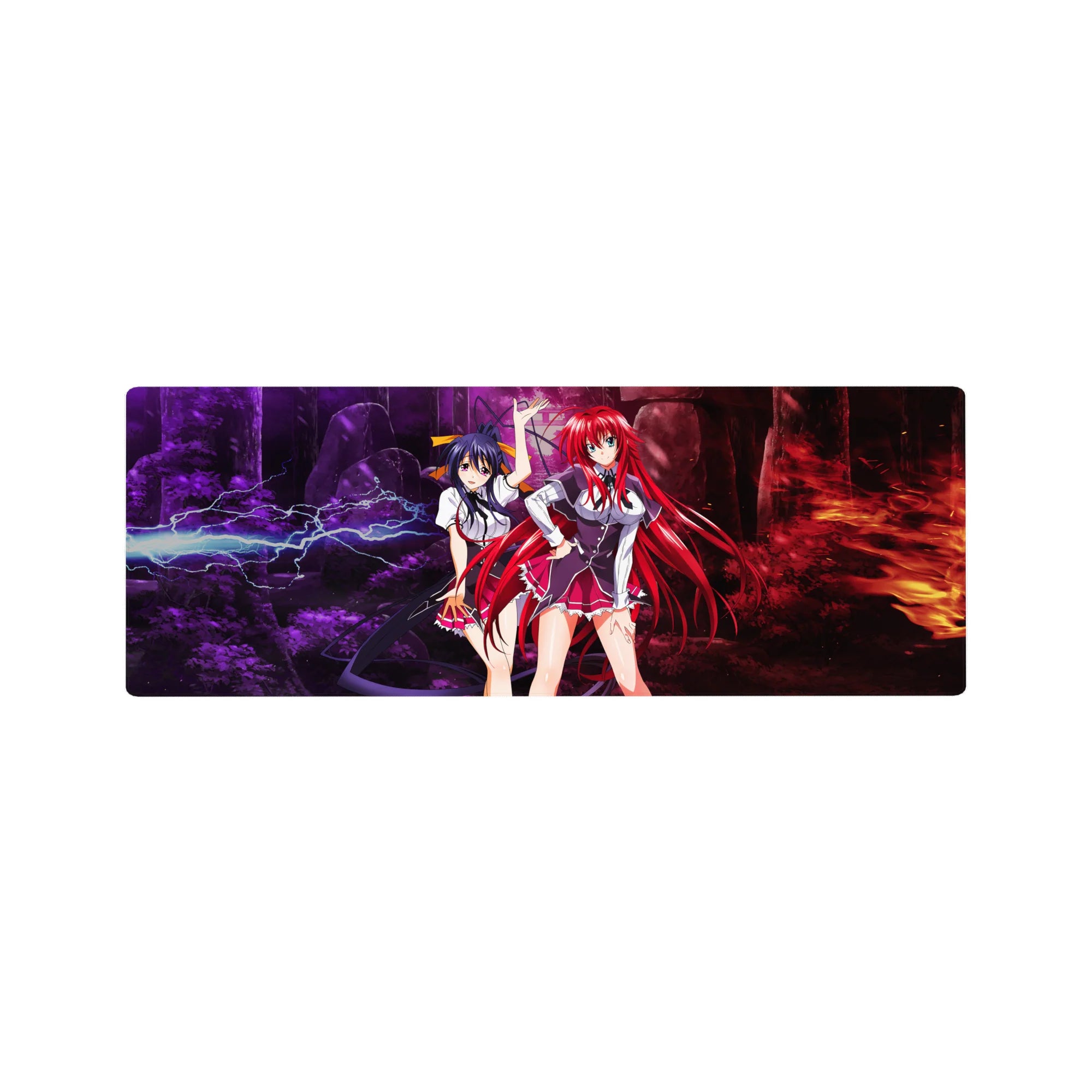High School DxD anime mouse pad 32x12 inches featuring Rias Gremory and Akeno Himejima in a dramatic forest setting.