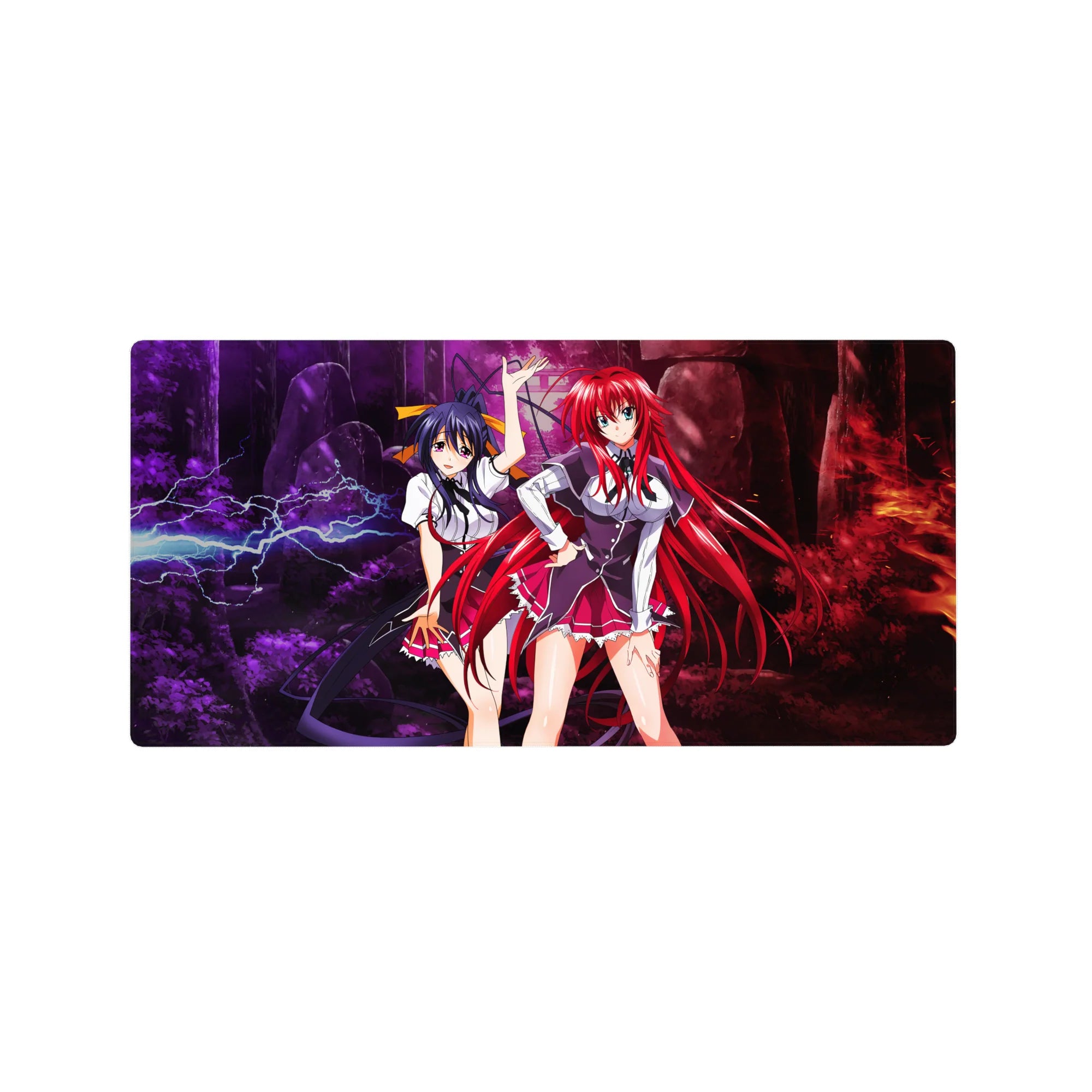 High School DxD mouse pad 32x16 inches featuring Rias Gremory and Akeno Himejima in a vivid forest of lightning and flames.