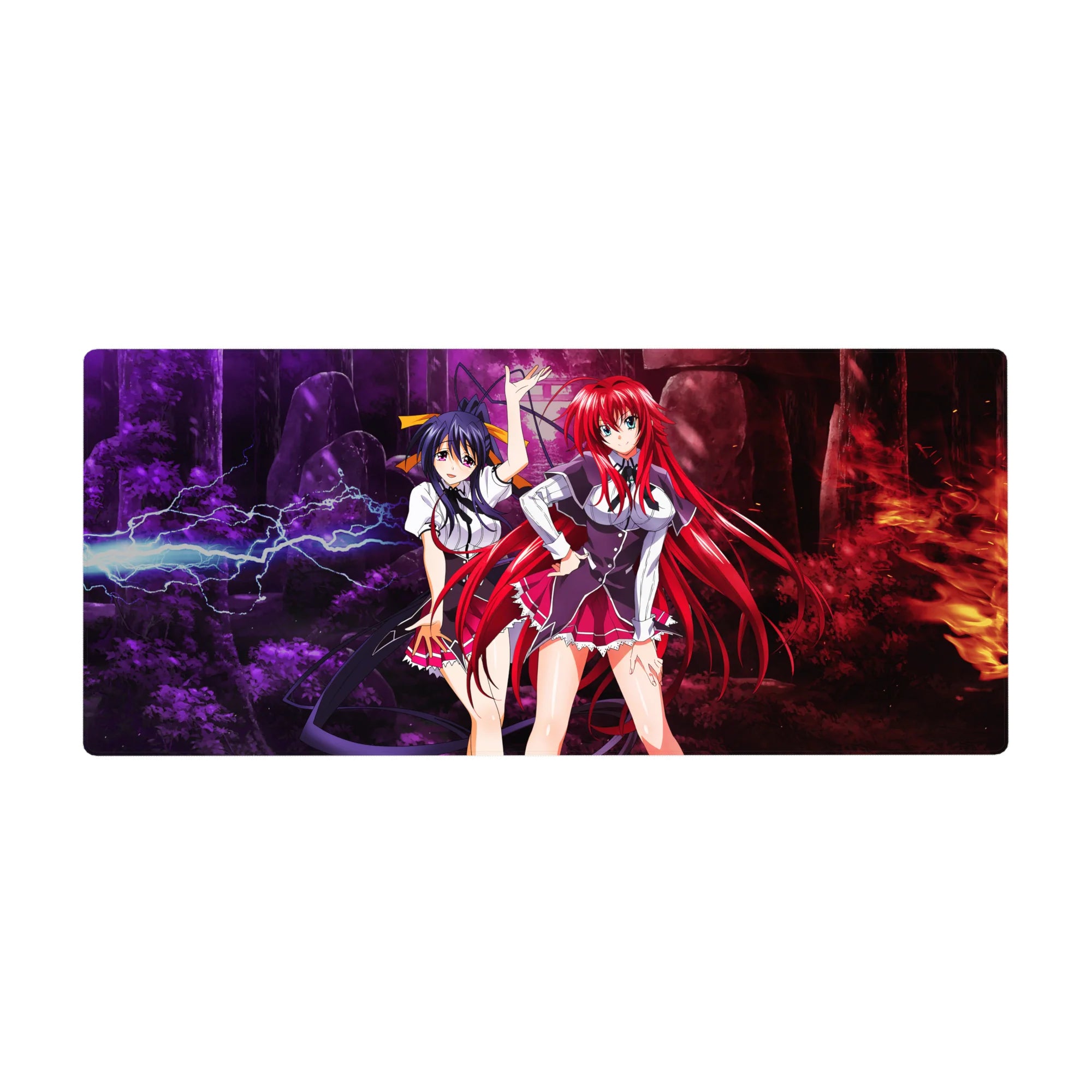 High School DxD desk pad 36x16 inches featuring Rias Gremory and Akeno Himejima amid lightning and flames.