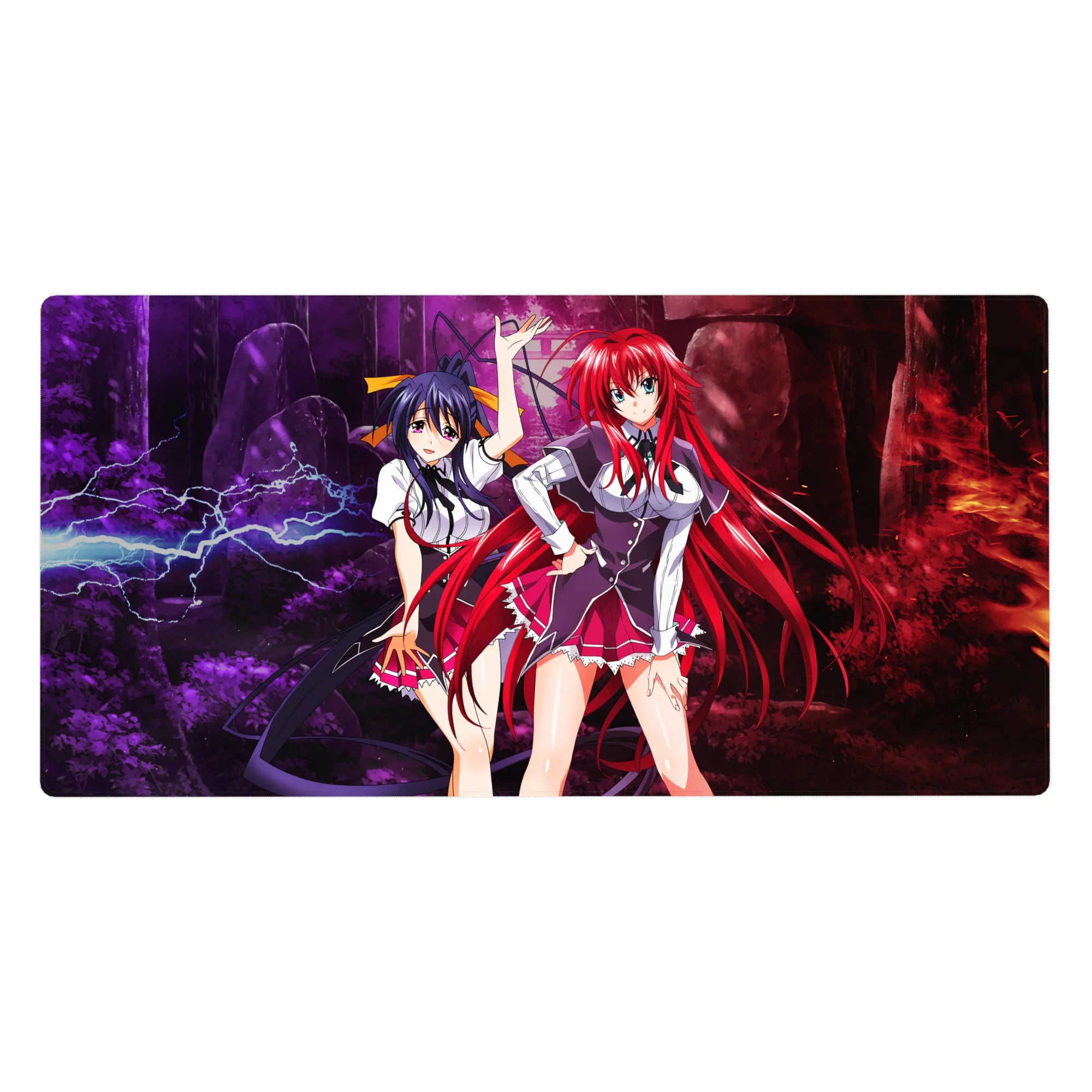 Rias Gremory and Akeno Himejima anime desk pad, 40x20 inches, featuring vivid lightning and fiery forest scene from High School DxD.
