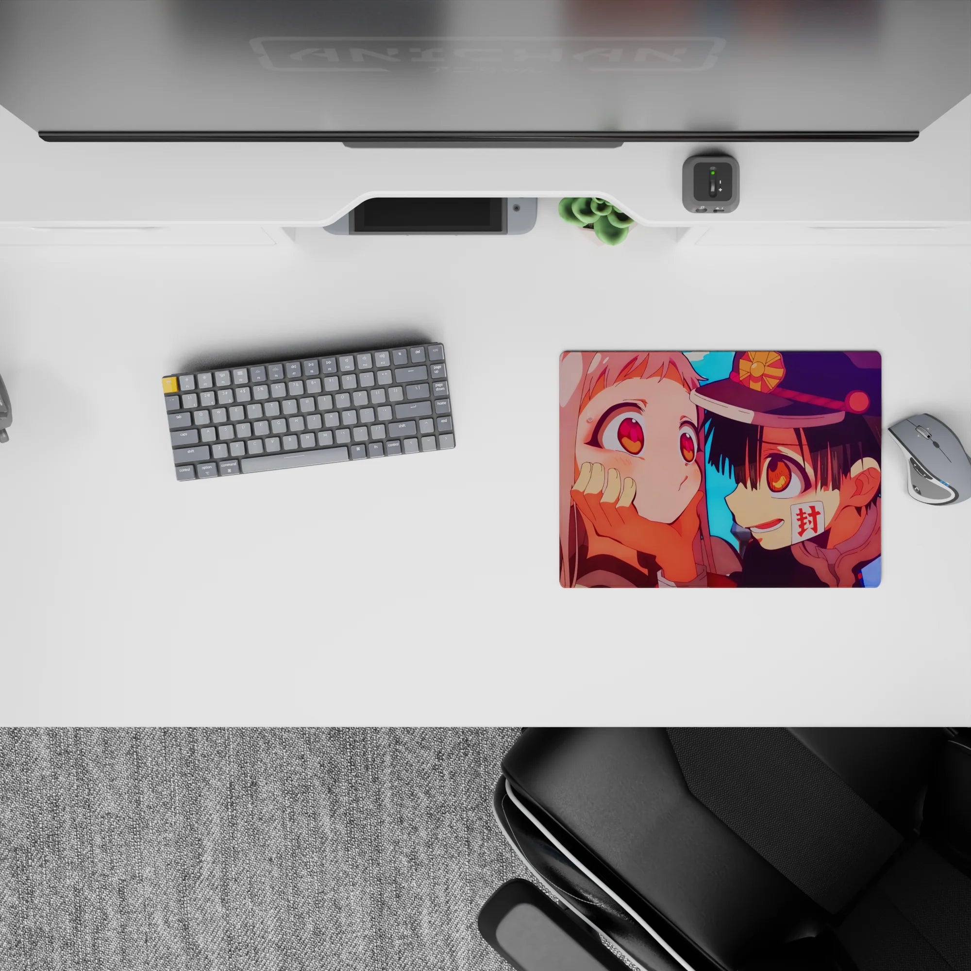 Romantic anime mouse pad 14x10 inches in sky-blue, amber eyes, warm peach shading, vivid colors.