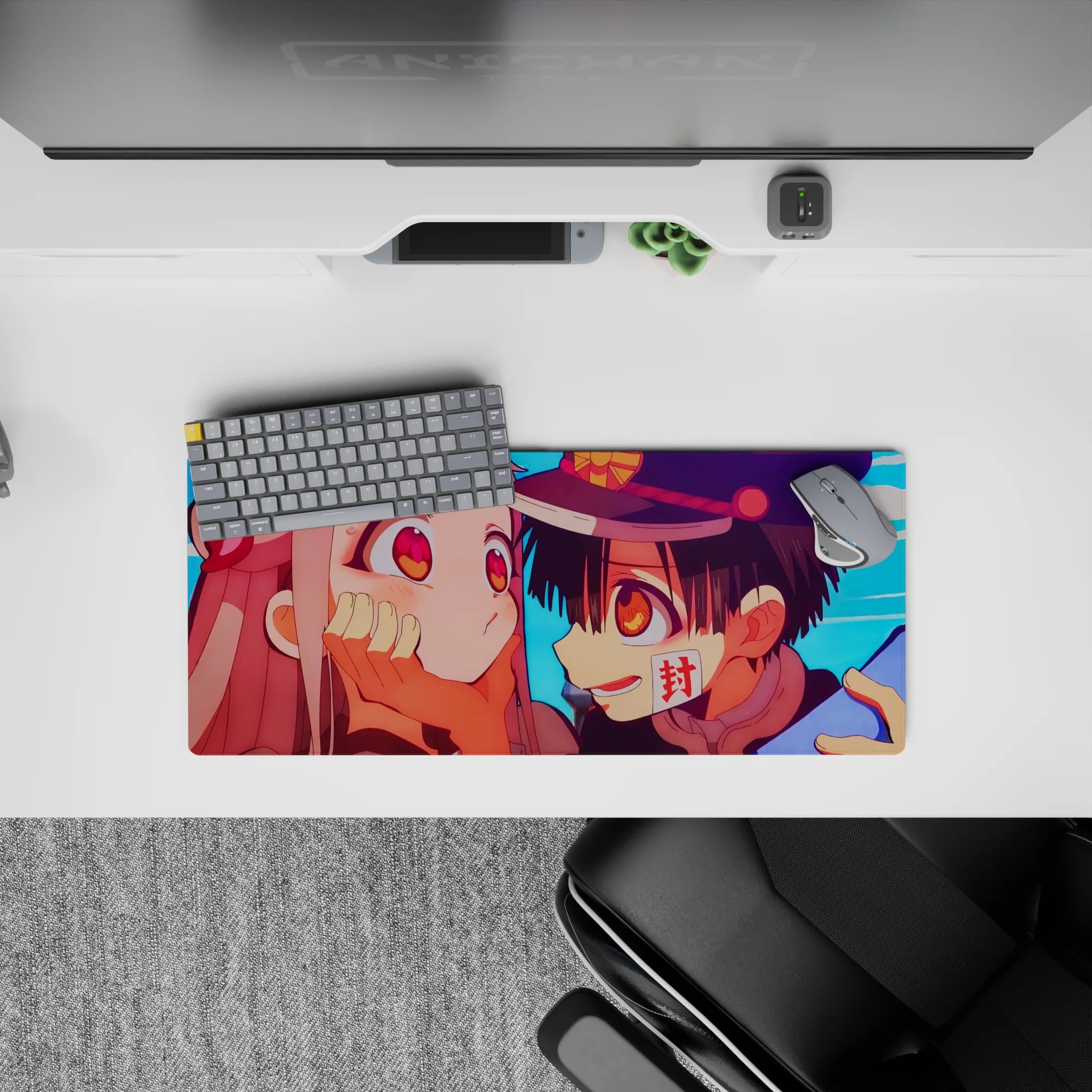 28x12 inches desk pad in warm peach and sky-blue tones, playful romantic anime close-up with amber eyes.