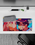 28x12 inches desk pad in warm peach and sky-blue tones, playful romantic anime close-up with amber eyes.