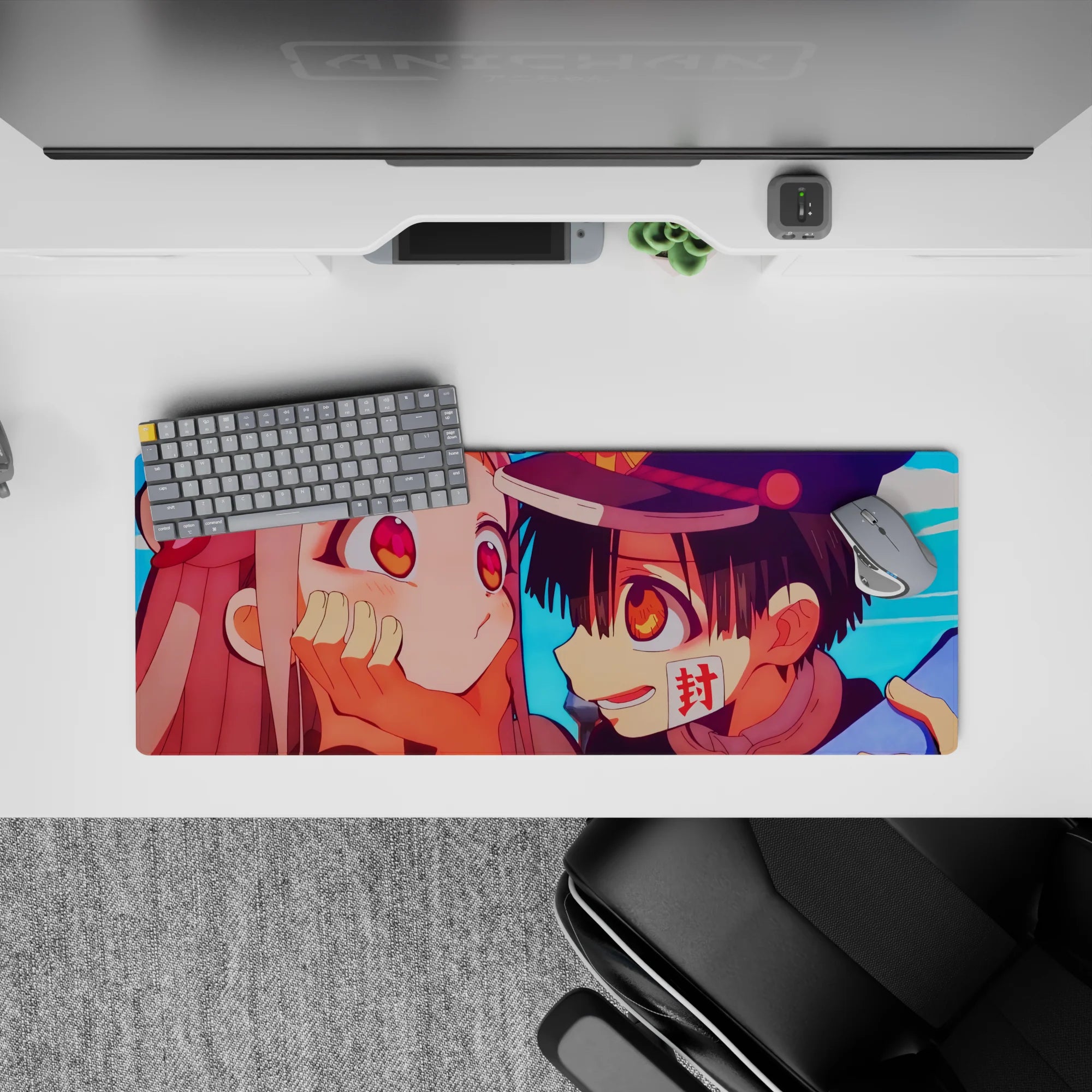 Anime desk mat 32x12 inches in sky-blue, peach shading, bright amber eyes, playful romance mood.