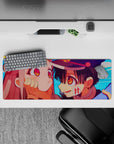 Anime desk mat 32x12 inches in sky-blue, peach shading, bright amber eyes, playful romance mood.