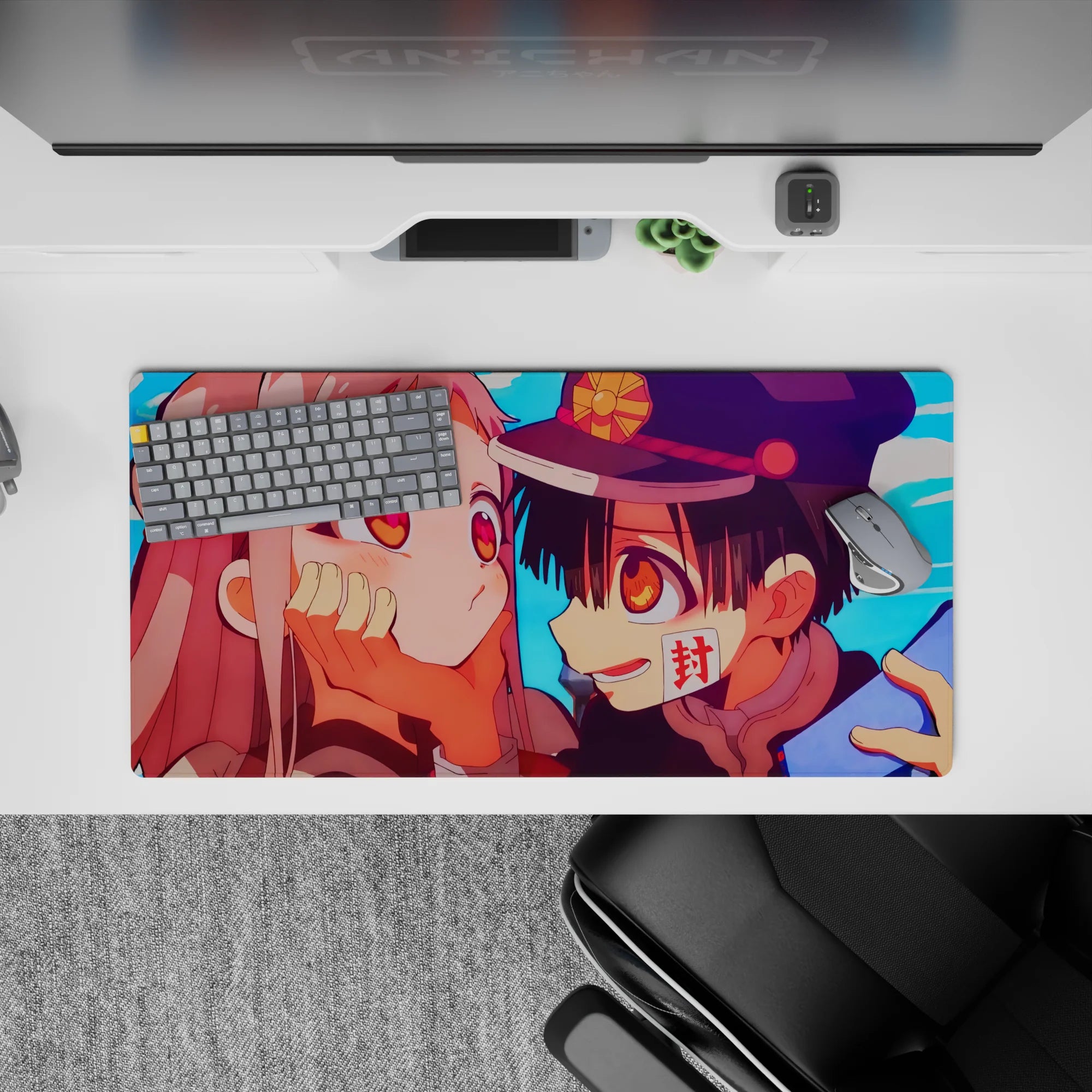 Romantic anime desk mat 32x16 inches in sky-blue with warm peach shading and vivid amber eyes.