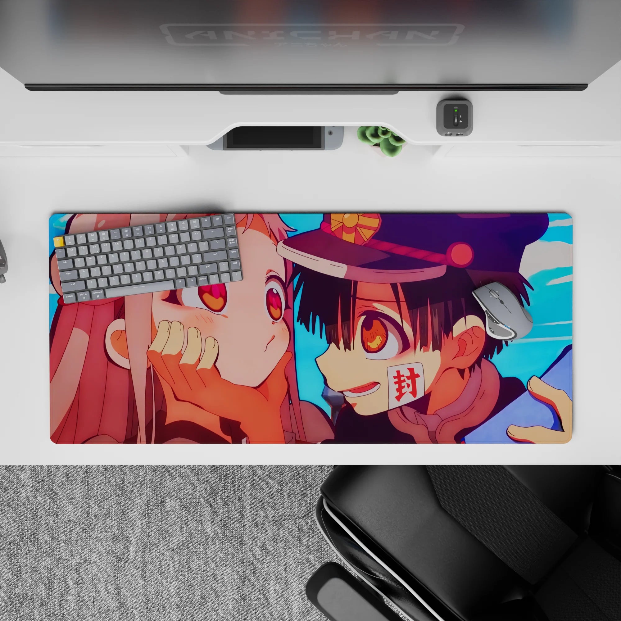 36x16 inches anime desk pad in sky-blue with warm peach shading and vivid amber eyes, playful romance mood.