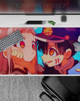 40x20 inches anime mouse pad in sky-blue and warm peach tones, vivid amber eyes, playful shy blush mood.