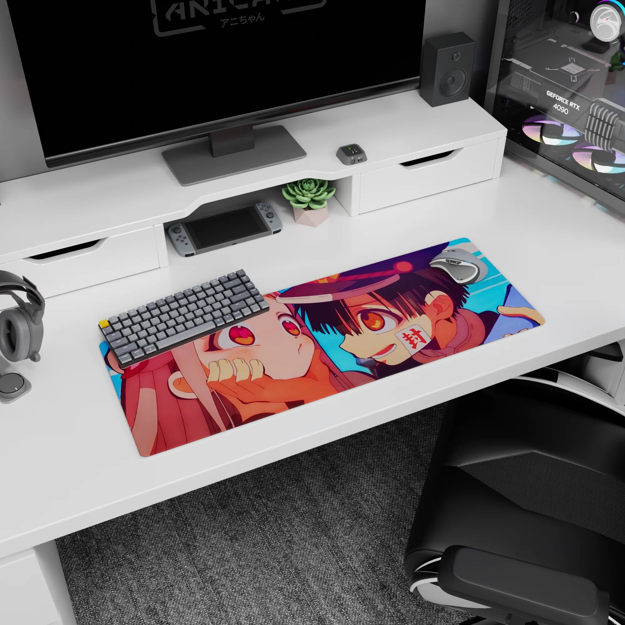 32x12 inches anime mouse pad showing grinning boy with gold-badged cap leaning into shy pink-haired girl.