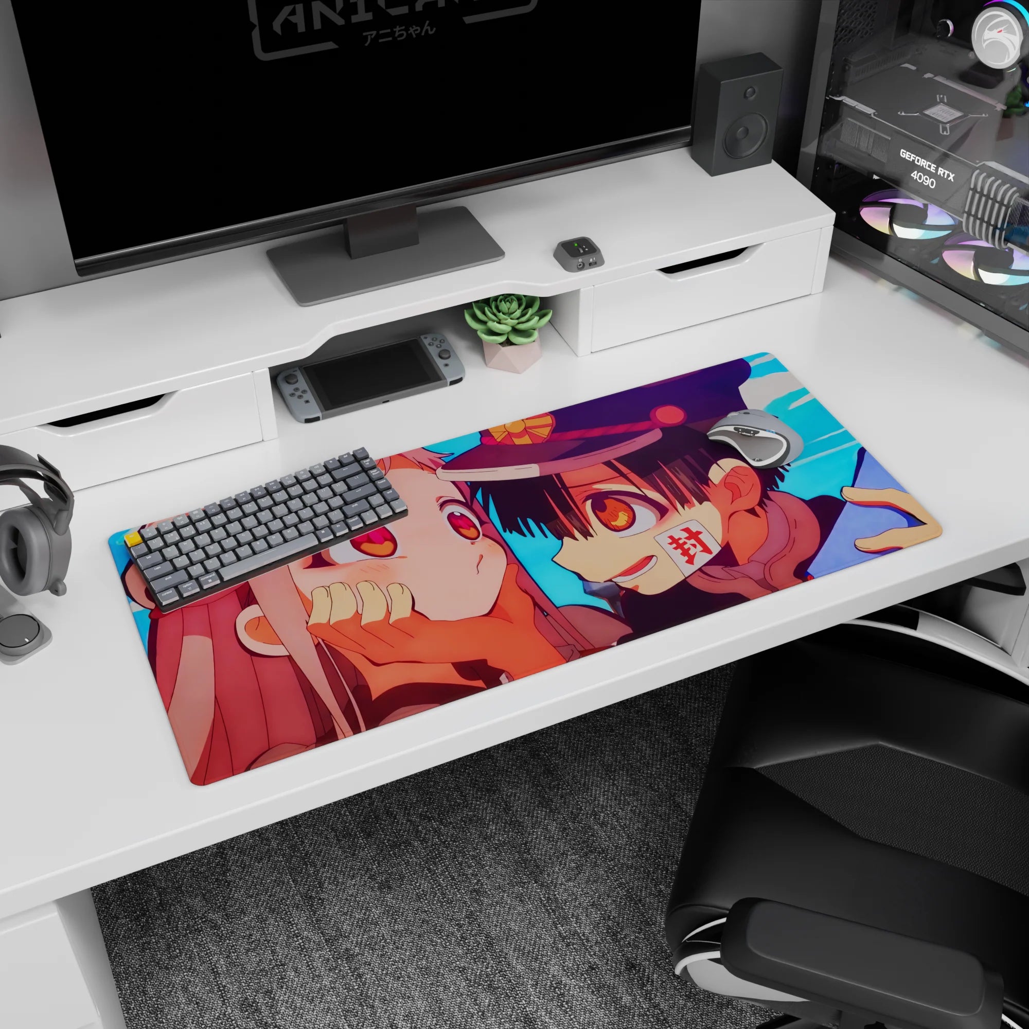 36x16 inches anime mouse pad close-up of grinning boy in dark cap and shy pink-haired girl, cheek-cupping pose.
