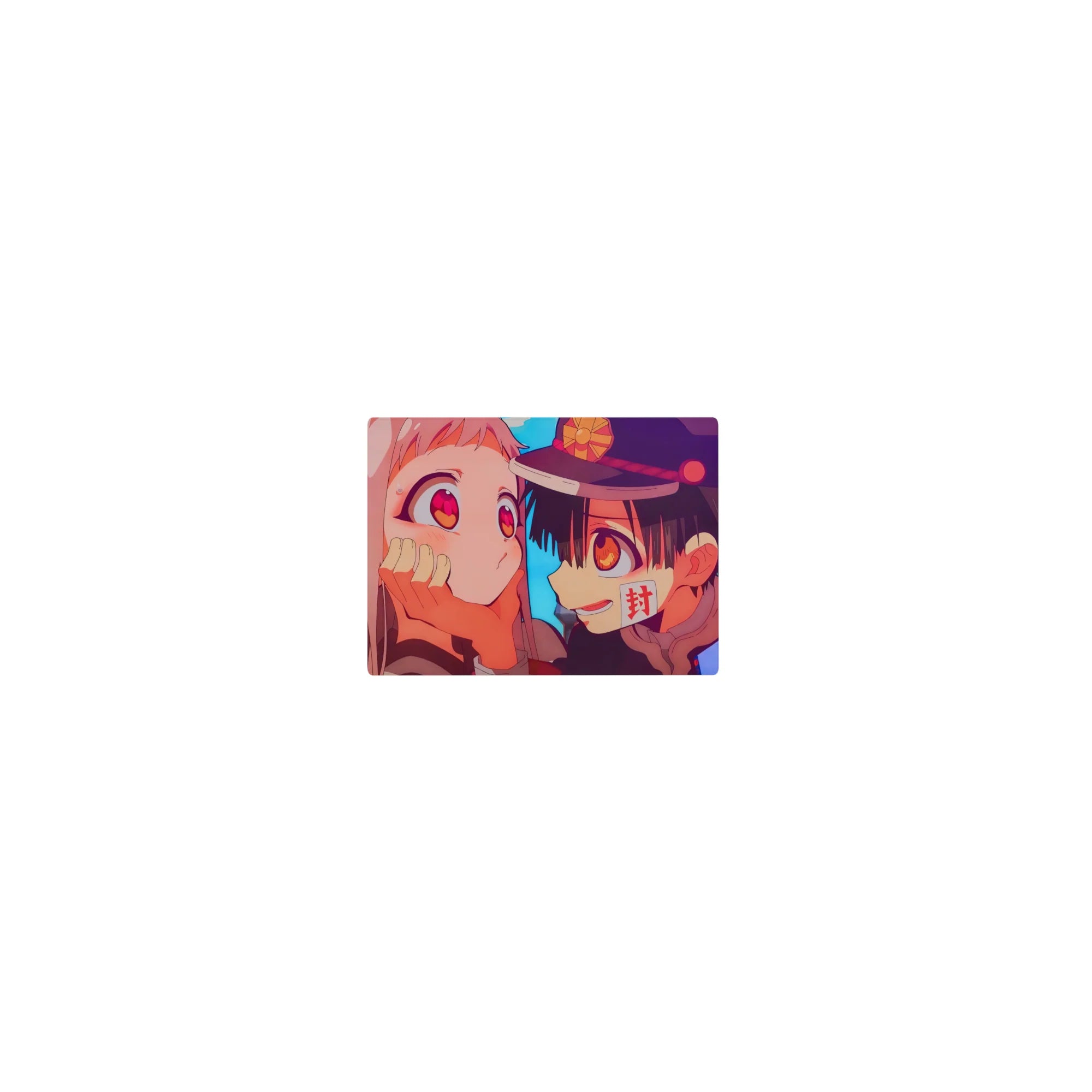 Classic anime mouse pad 14x10 inches with boy in school cap cupping pink-haired girl's cheeks.