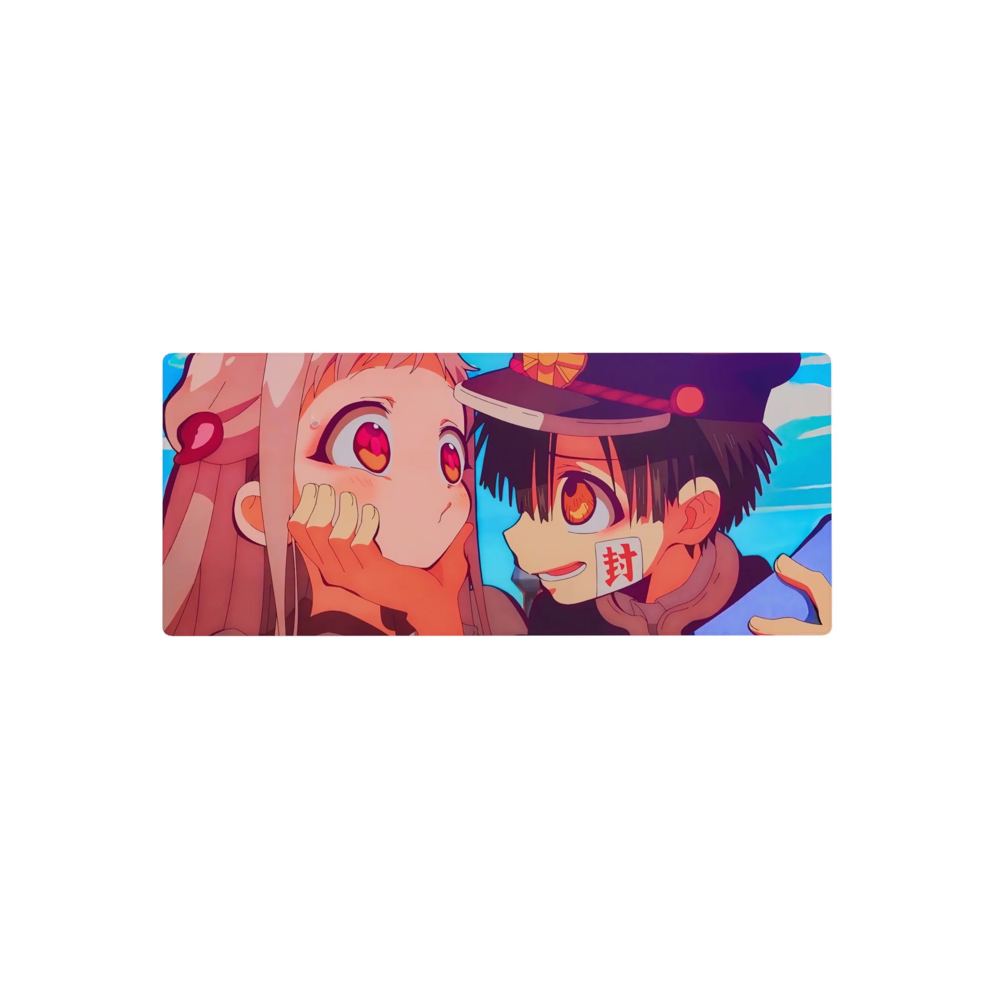 28x12 inches anime mouse pad with boy in dark school cap cupping pink-haired girl, sky-blue background.