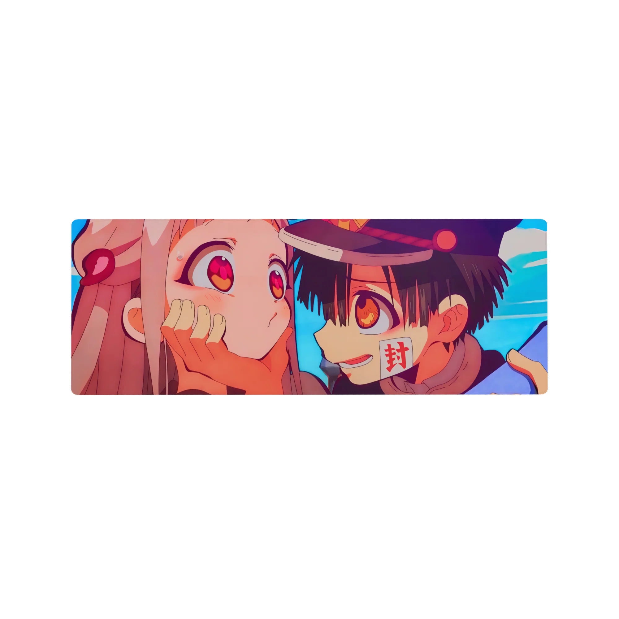 Anime mouse pad 32x12 inches with close-up boy in school cap cupping pink-haired girl's cheeks.