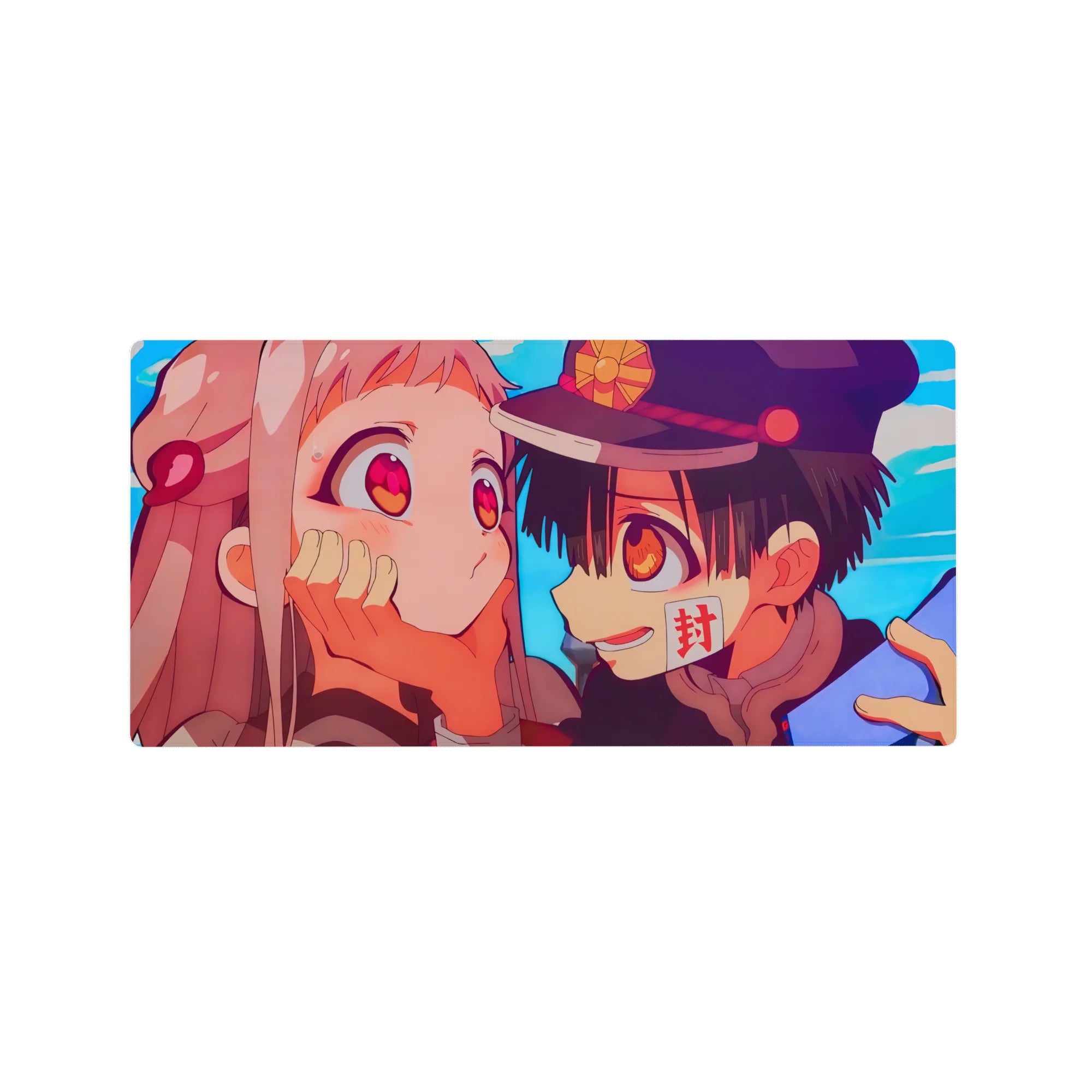 Anime mouse pad 32x16 inches with close-up schoolboy and pink-haired girl, crisp linework and detail.