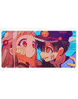 Anime mouse pad 32x16 inches with close-up schoolboy and pink-haired girl, crisp linework and detail.