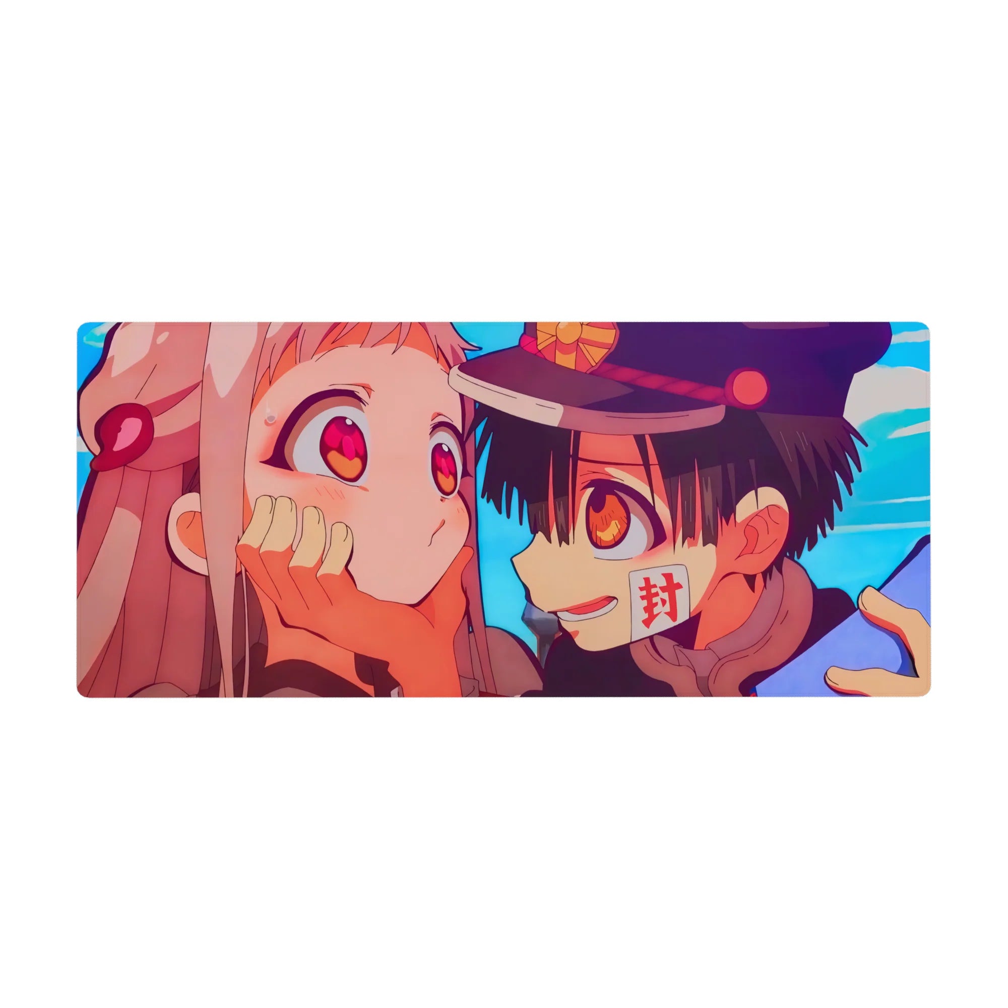 36x16 inches anime desk pad with boy in school cap cupping pink-haired girl's cheeks on sky-blue background.