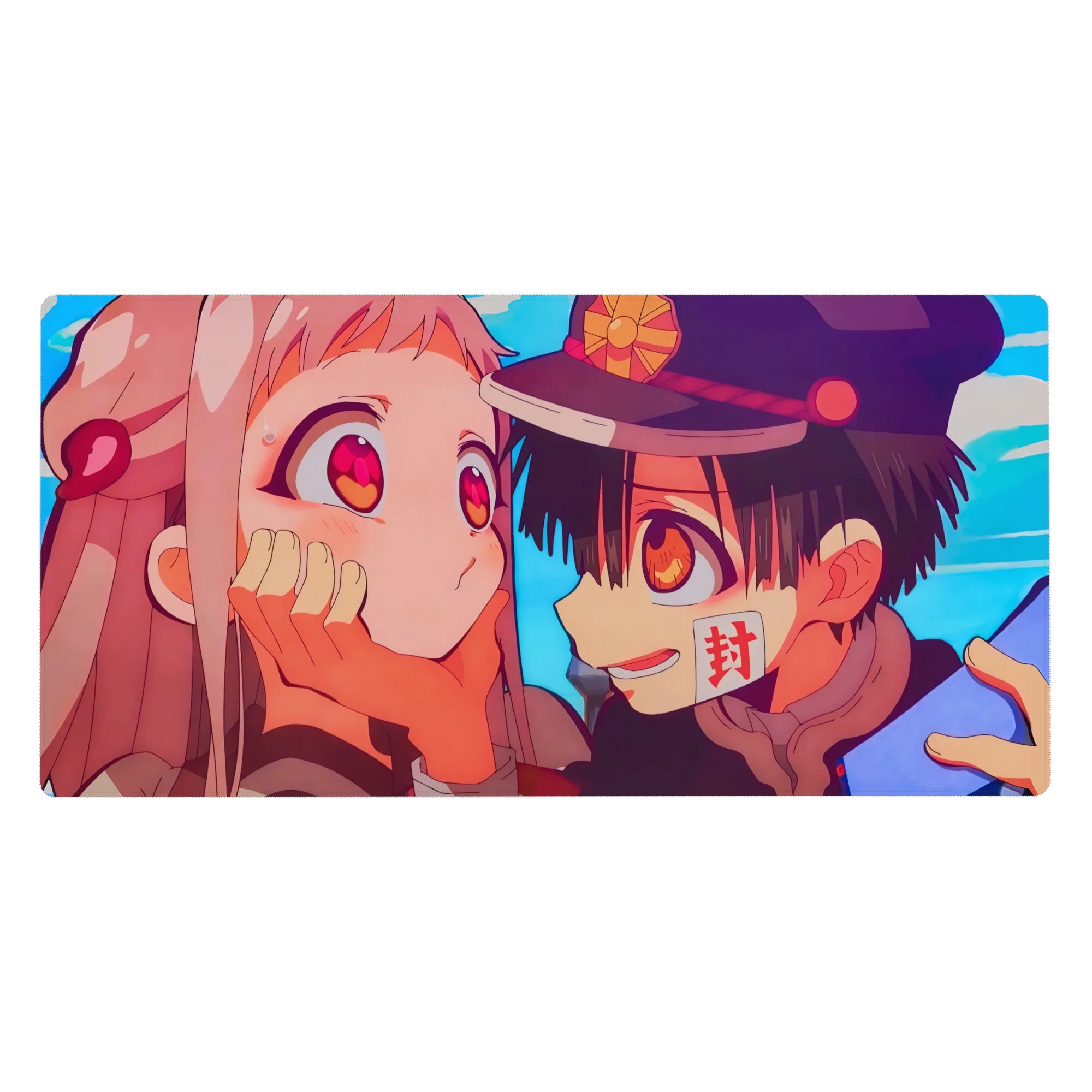 40x20 inches anime desk pad with boy in dark school cap cupping pink-haired girl, close-up romance scene.