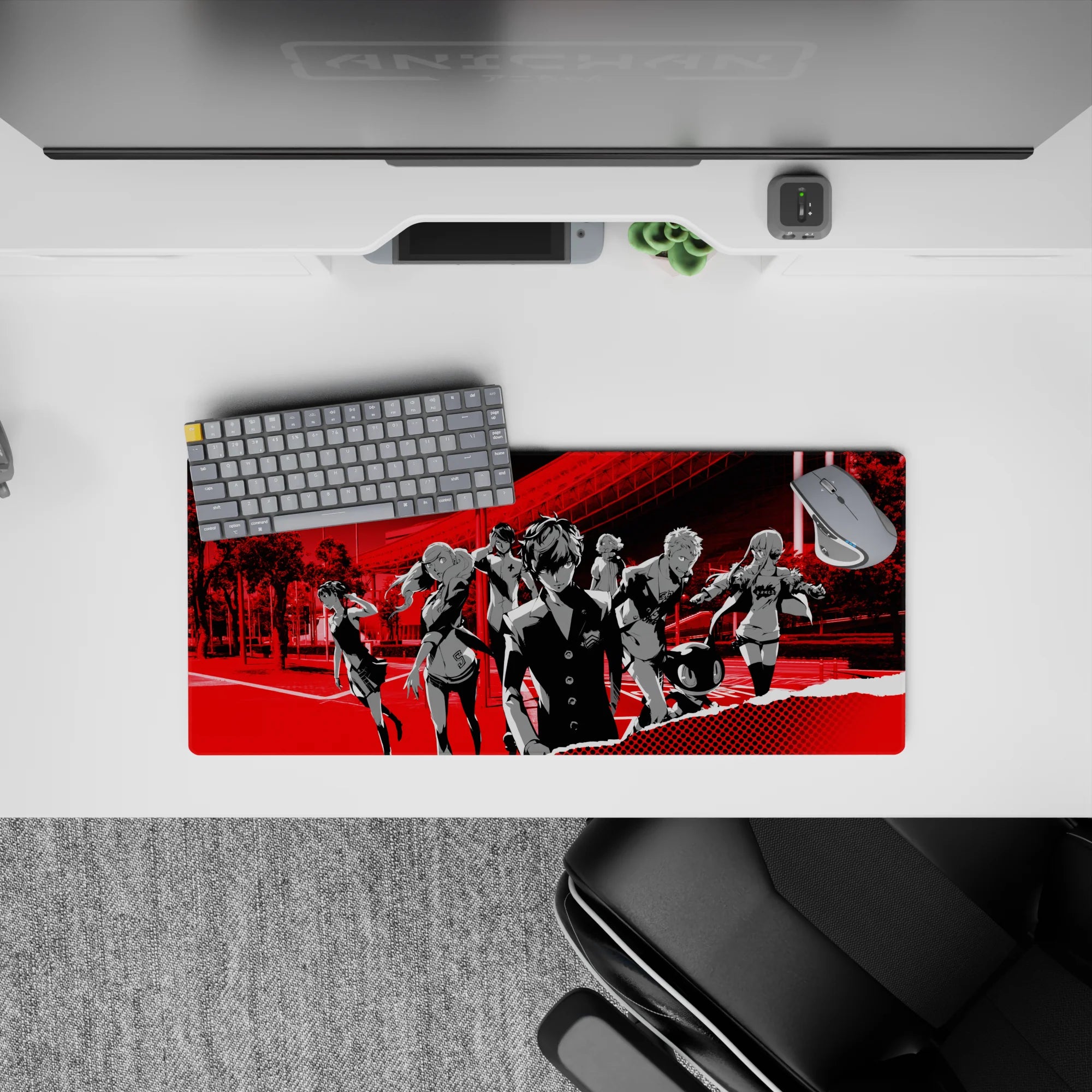 Persona 5 mouse pad featuring Joker and team in bold red-black design, size 28x12 inches, perfect for gaming desks.