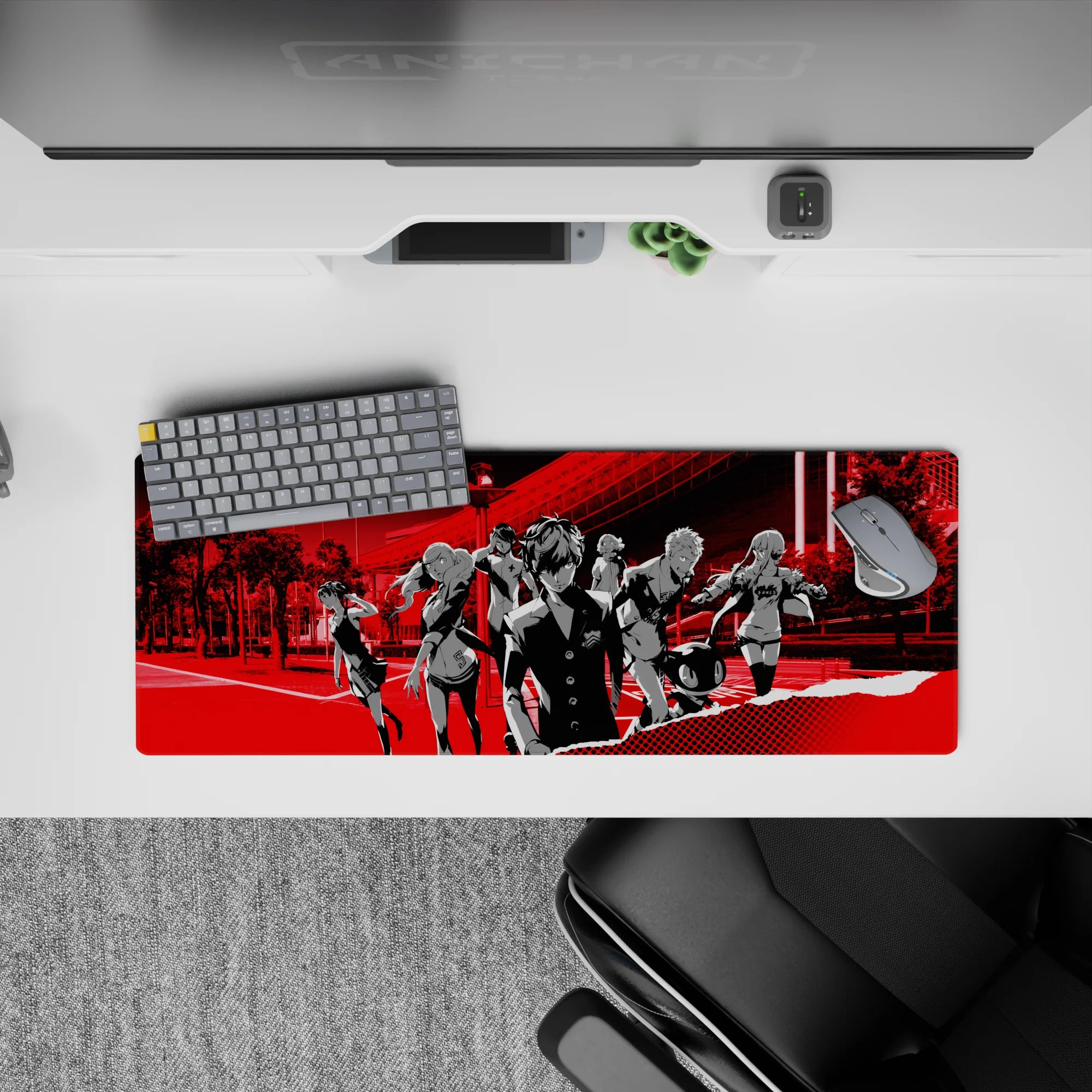 Persona 5 mouse pad 32x12 inches showcasing Joker and team in bold red-and-black, exuding cool defiance and confidence.