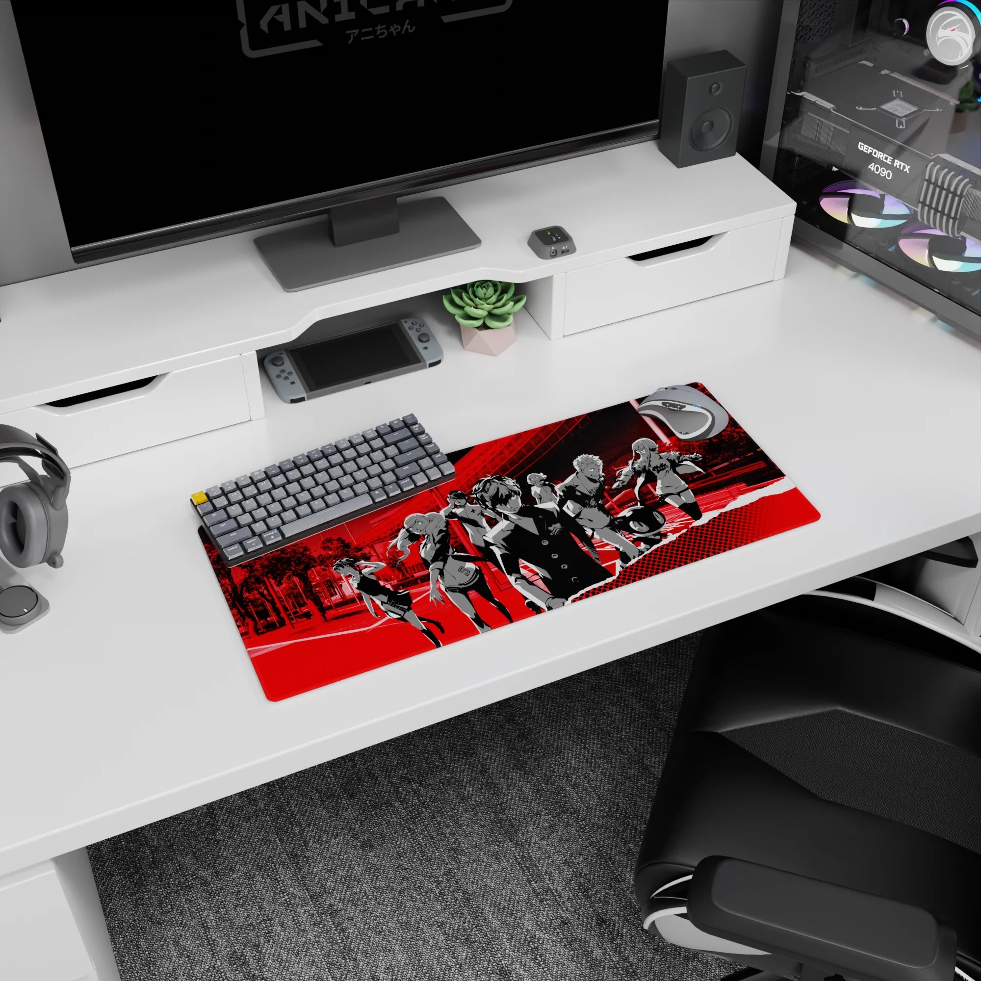 Persona 5 mouse pad 28x12 inches featuring Joker and team in red-and-black, graphic comic style, exuding confidence.