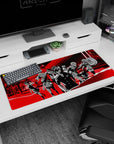 Persona 5 desk pad 36x16 inches featuring Joker and team in bold red-and-black comic style, perfect for anime fans.
