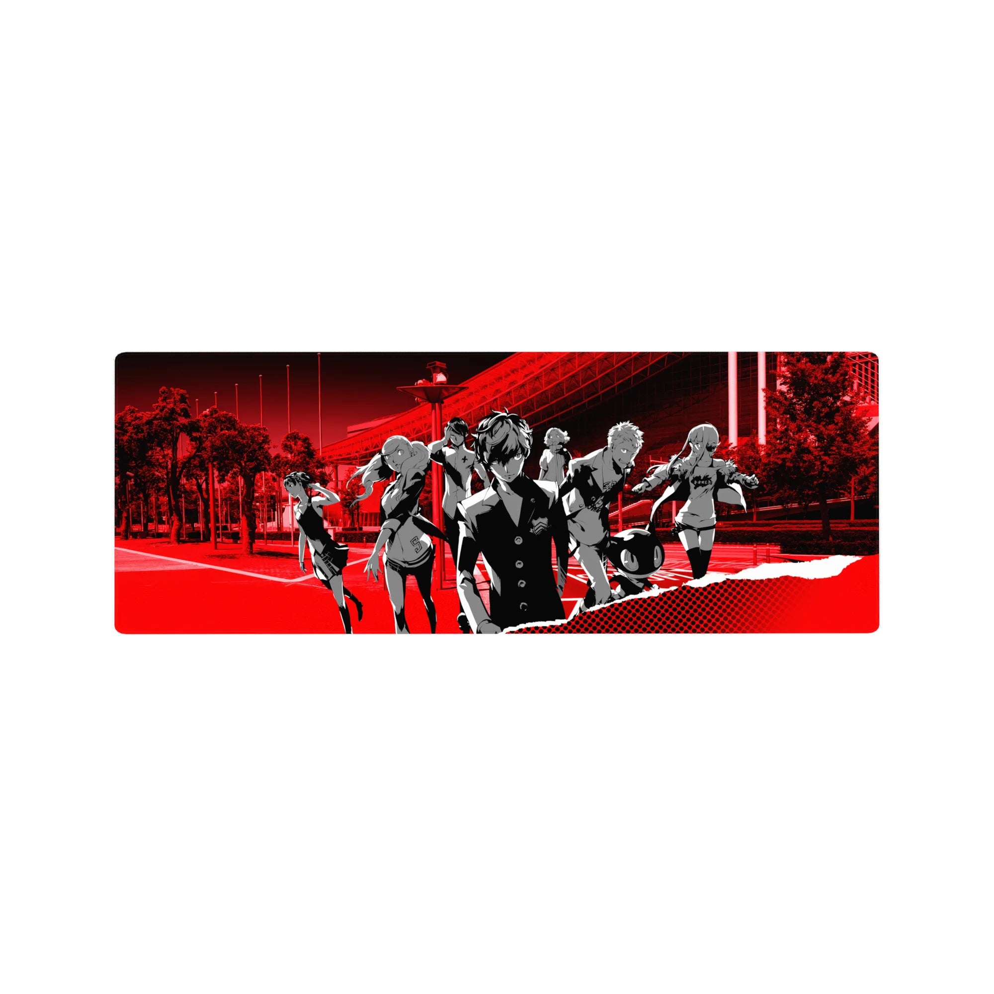 Anime mouse pad 32x12 inches featuring Persona 5 characters in red-black theme, Joker leading with confident expression.