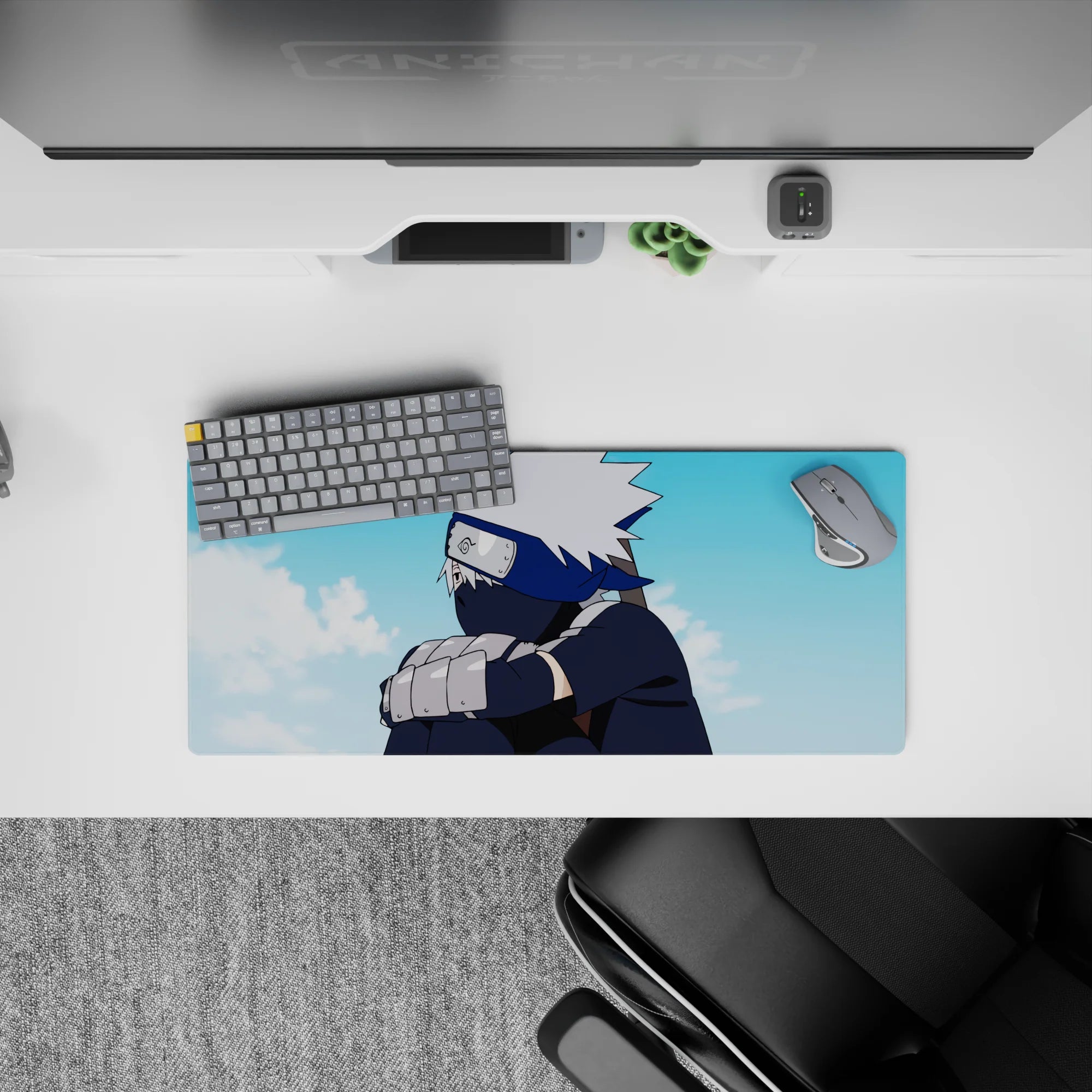 Anime mouse pad 28x12 inches featuring Kakashi Hatake from Naruto, set under a tranquil blue and white sky, stylish and cool.