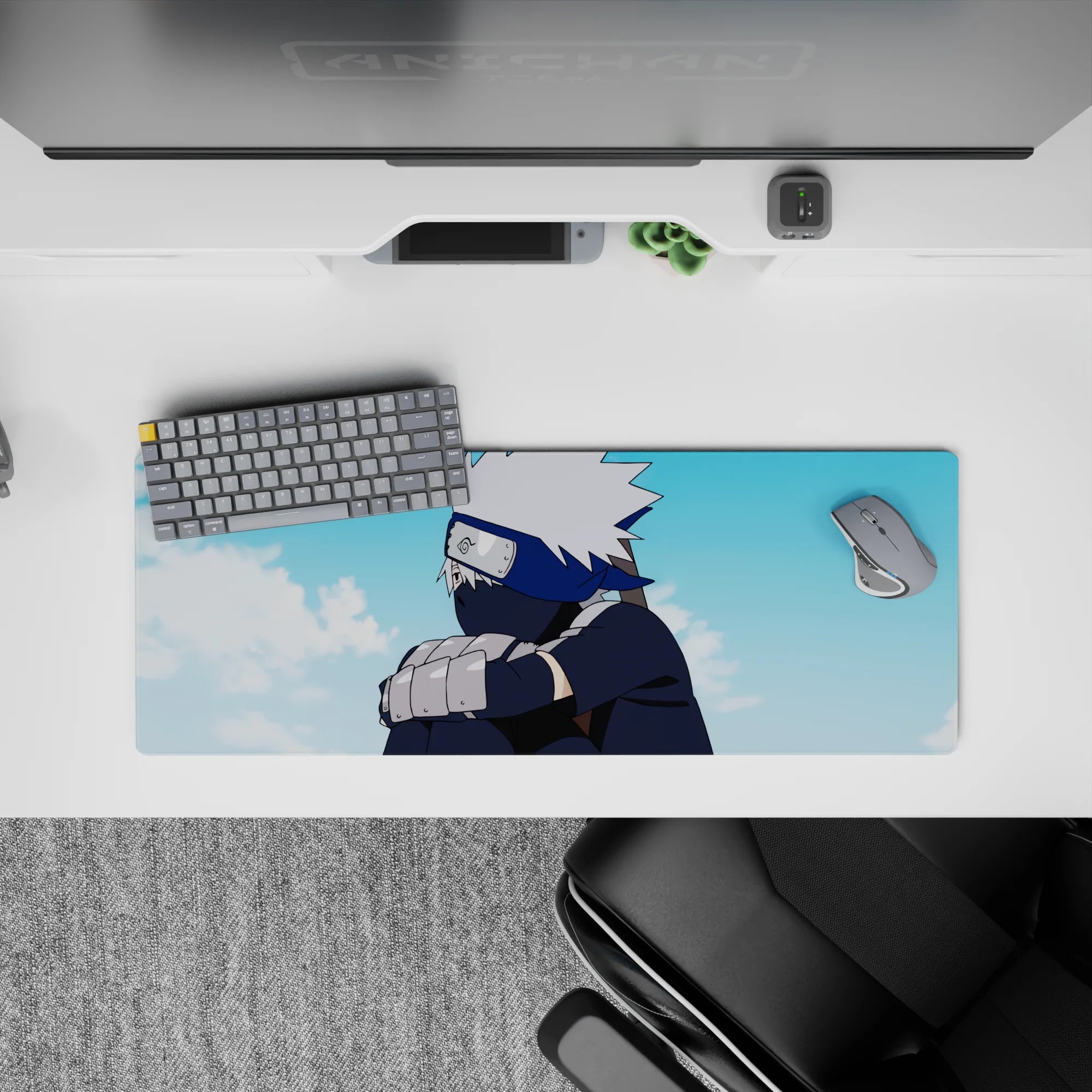 Anime mouse pad 32x12 inches featuring Kakashi Hatake from Naruto, showcasing his calm resolve under a soft blue sky.