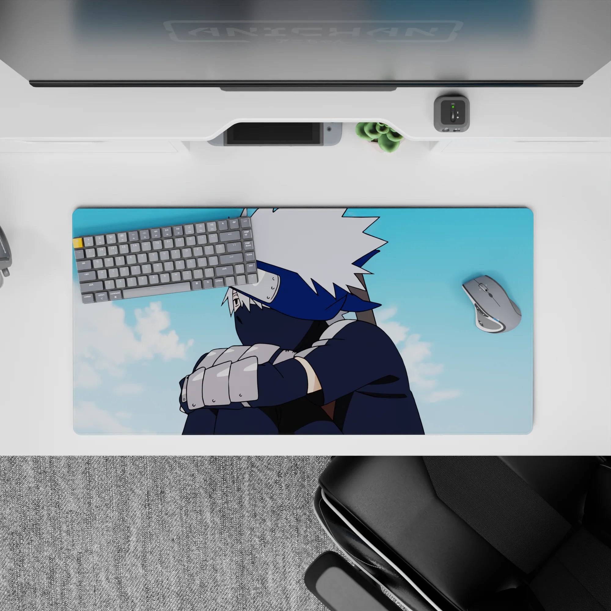 Anime mouse pad 32x16 inches featuring Kakashi Hatake from Naruto, with silver hair and navy tones under a soft blue sky.