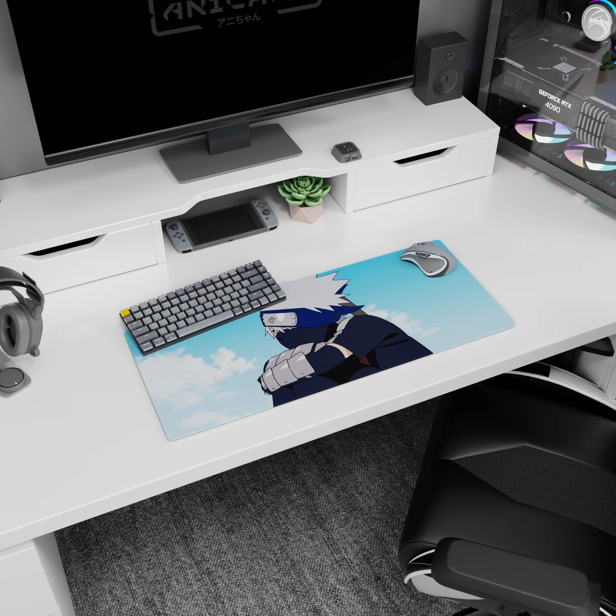 Kakashi Hatake Naruto anime mouse pad, 28x12 inches, featuring serene blues and whites with iconic silver hair and navy tones.
