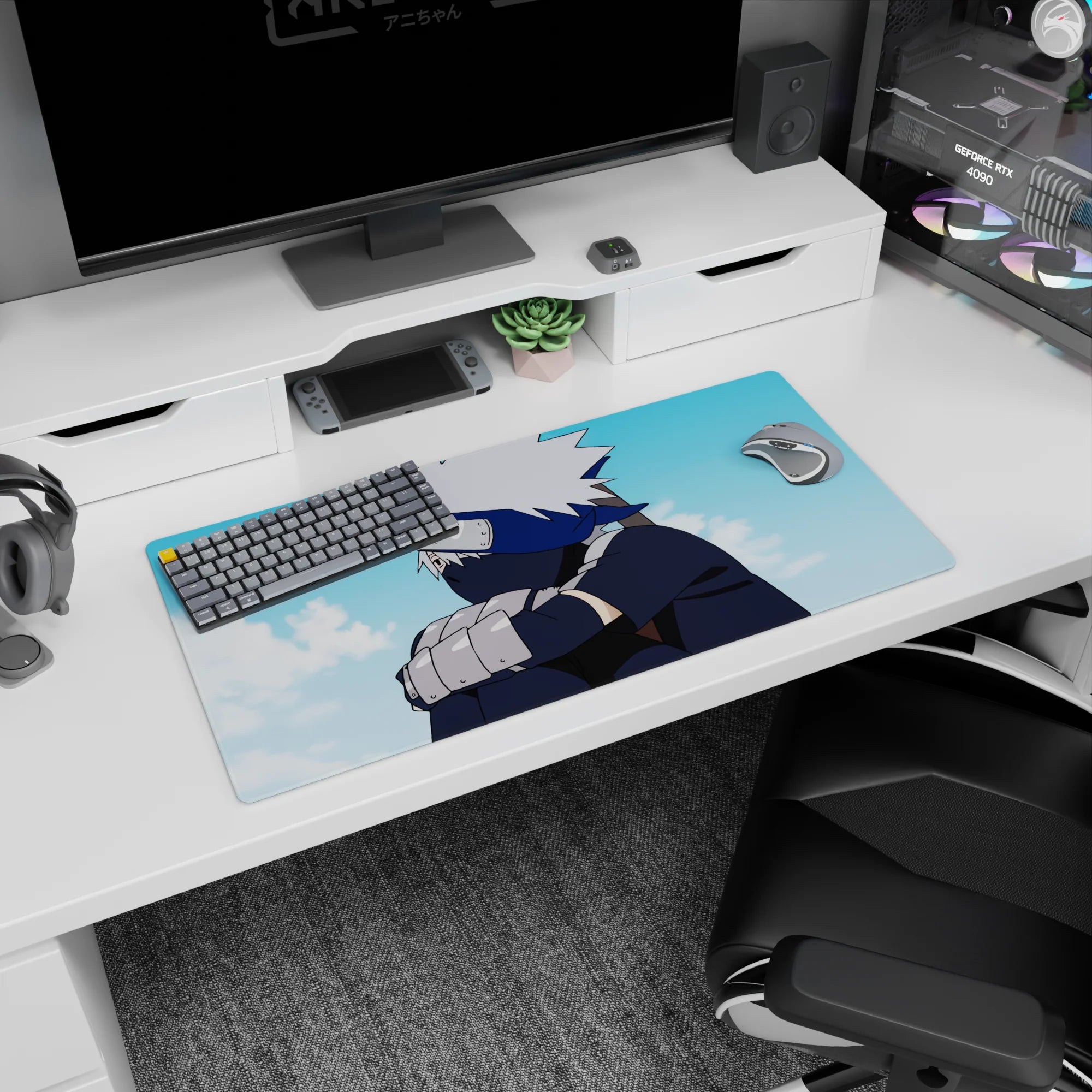Kakashi Hatake Naruto anime mouse pad, 32x16 inches, featuring Kakashi under a serene sky with silver hair and navy tones.