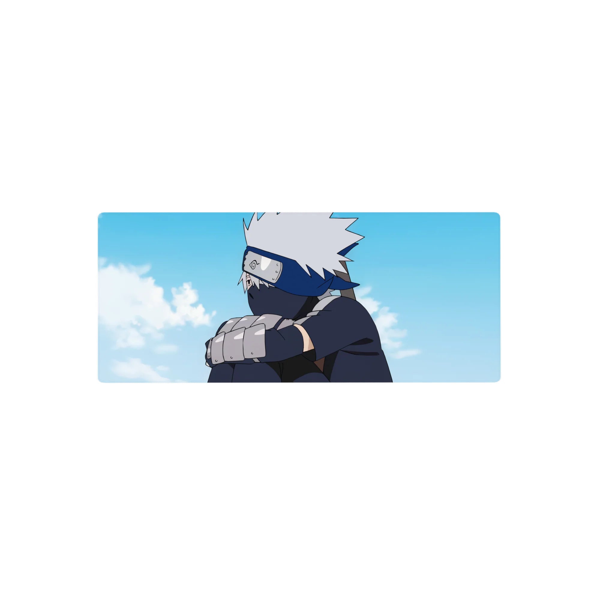 Anime mouse pad 28x12 inches featuring Kakashi Hatake from Naruto, under a serene sky with soft blues and whites.