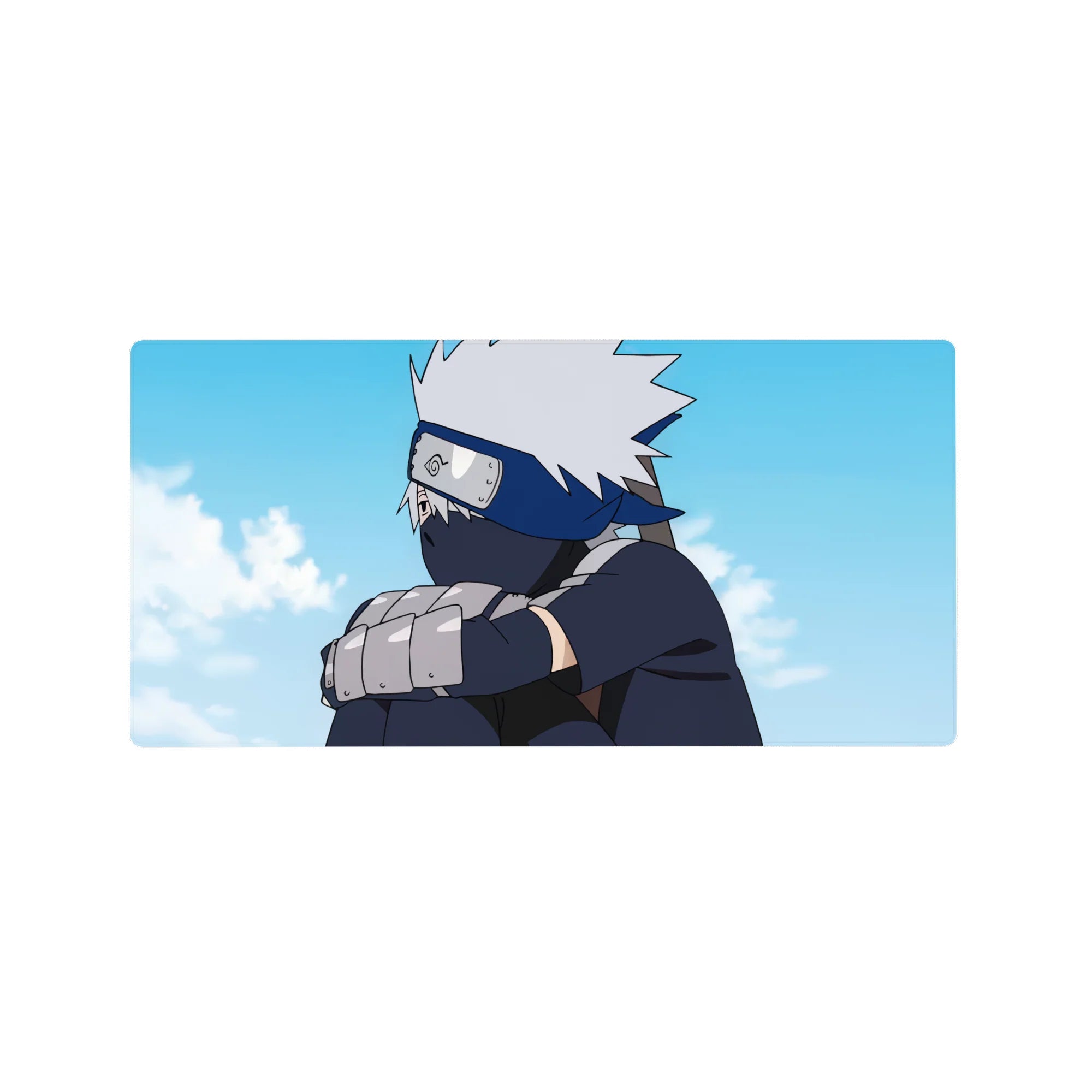 Anime mouse pad 32x16 inches featuring Kakashi Hatake from Naruto under a serene sky with silver hair and navy tones.