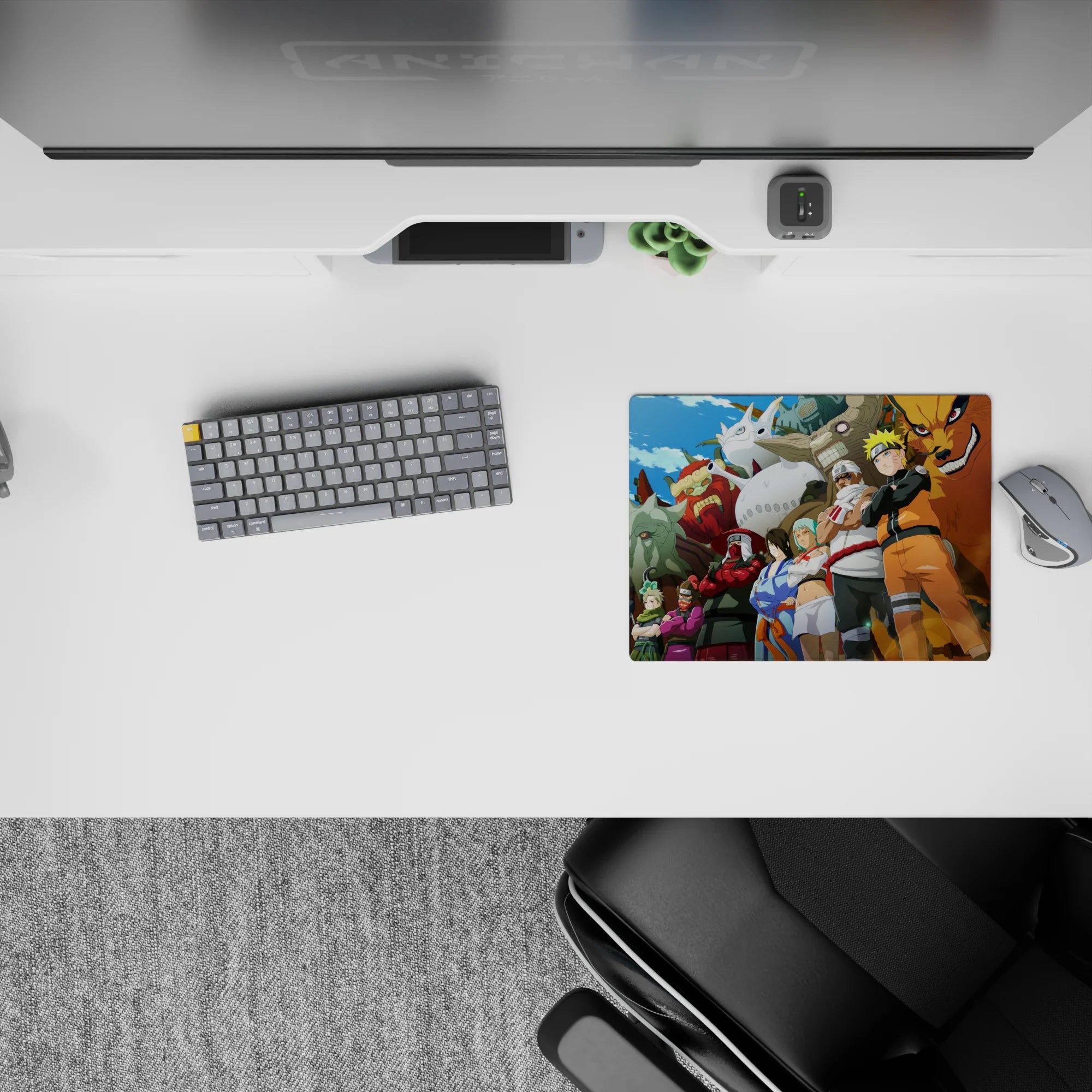 Vibrant 14x10 inches anime mouse pad with bold sky backdrop, blue flames, stone textures, loud colors.