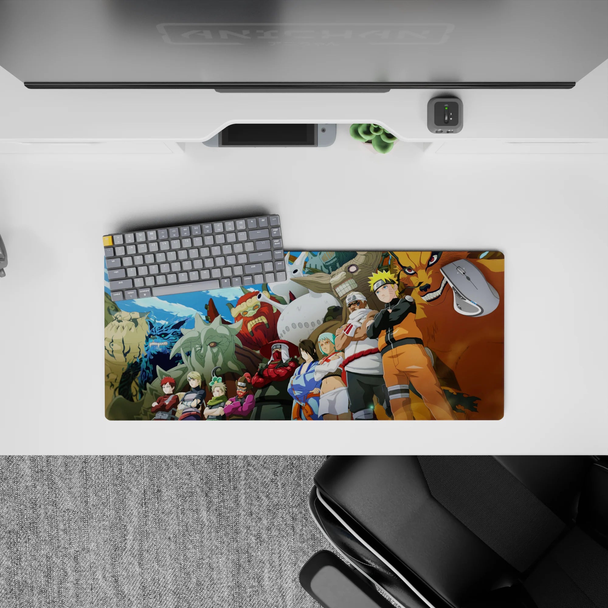 28x12 inches anime mouse pad with loud colors, Kurama grin, blue flames, and stone textures for a hype desk.