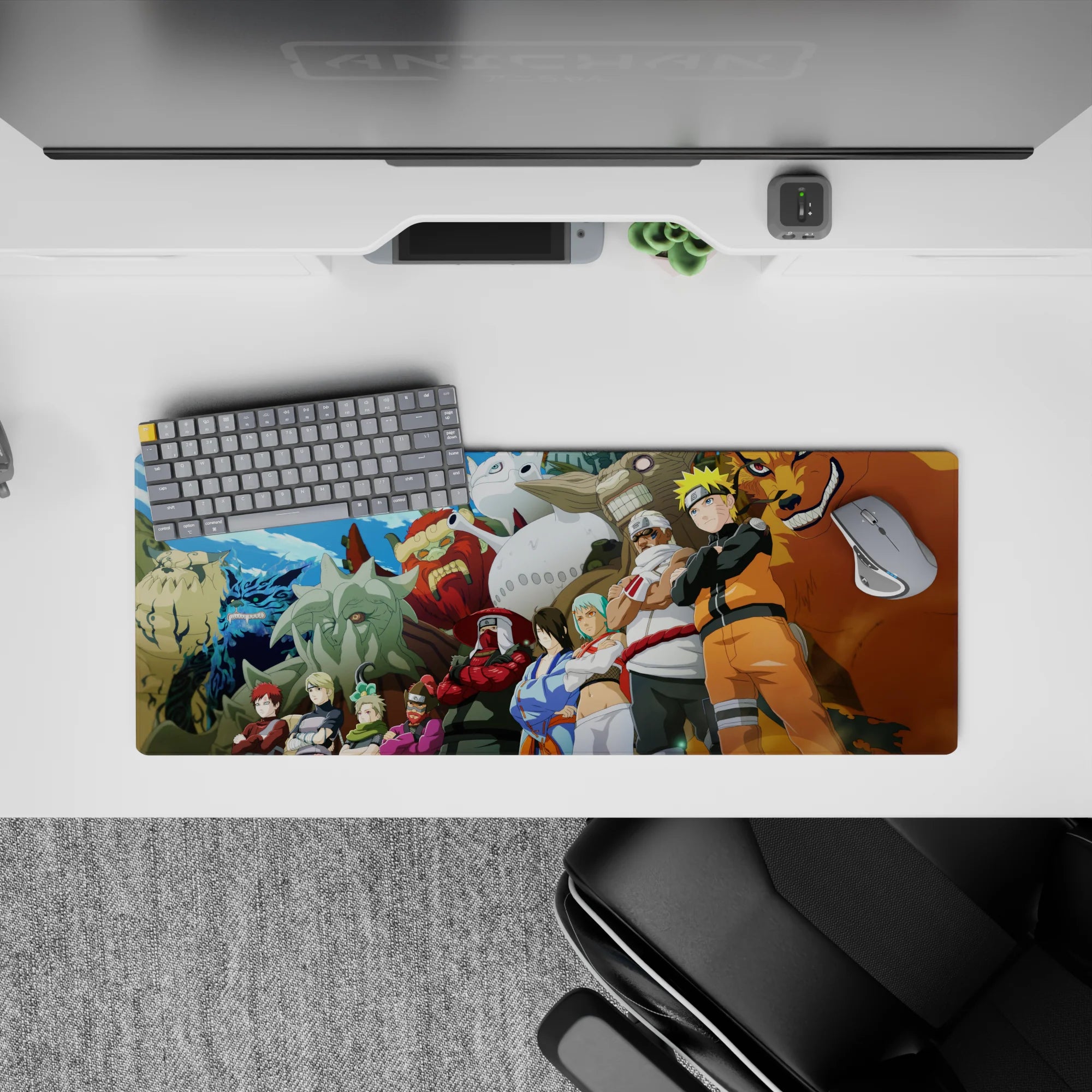 32x12 inches anime mouse pad with bright sky, bold beast colors, blue flames, and gritty stone textures.