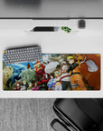 32x12 inches anime mouse pad with bright sky, bold beast colors, blue flames, and gritty stone textures.