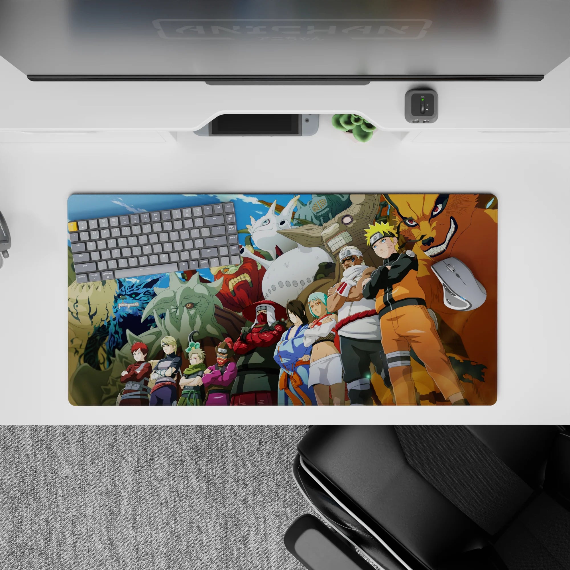 Bright sky anime mouse pad with bold tailed beast colors, blue flames and stone texture, 32x16 inches.