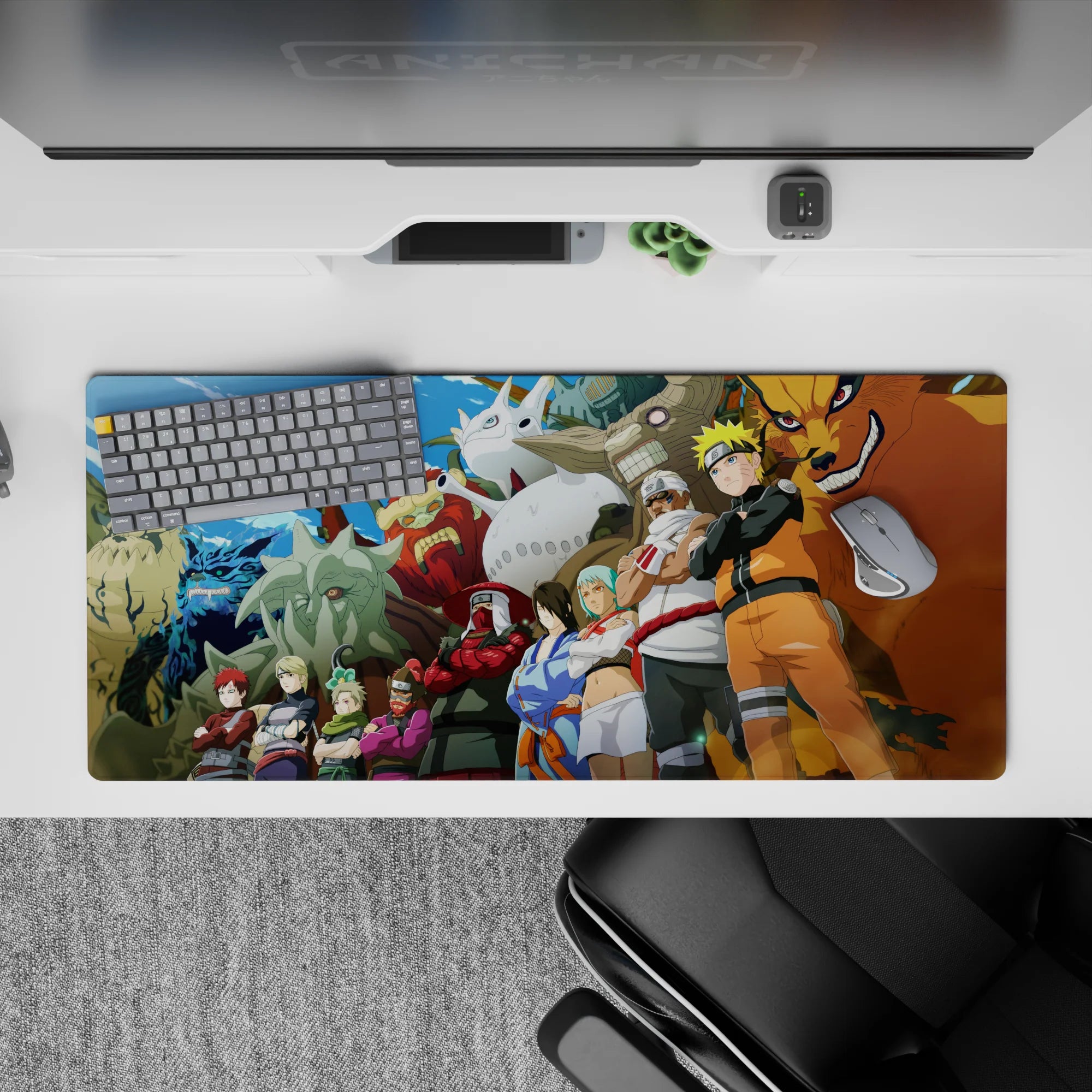 36x16 inches anime desk pad with bold sky colors, Kurama grin, blue flames, and stone textures.