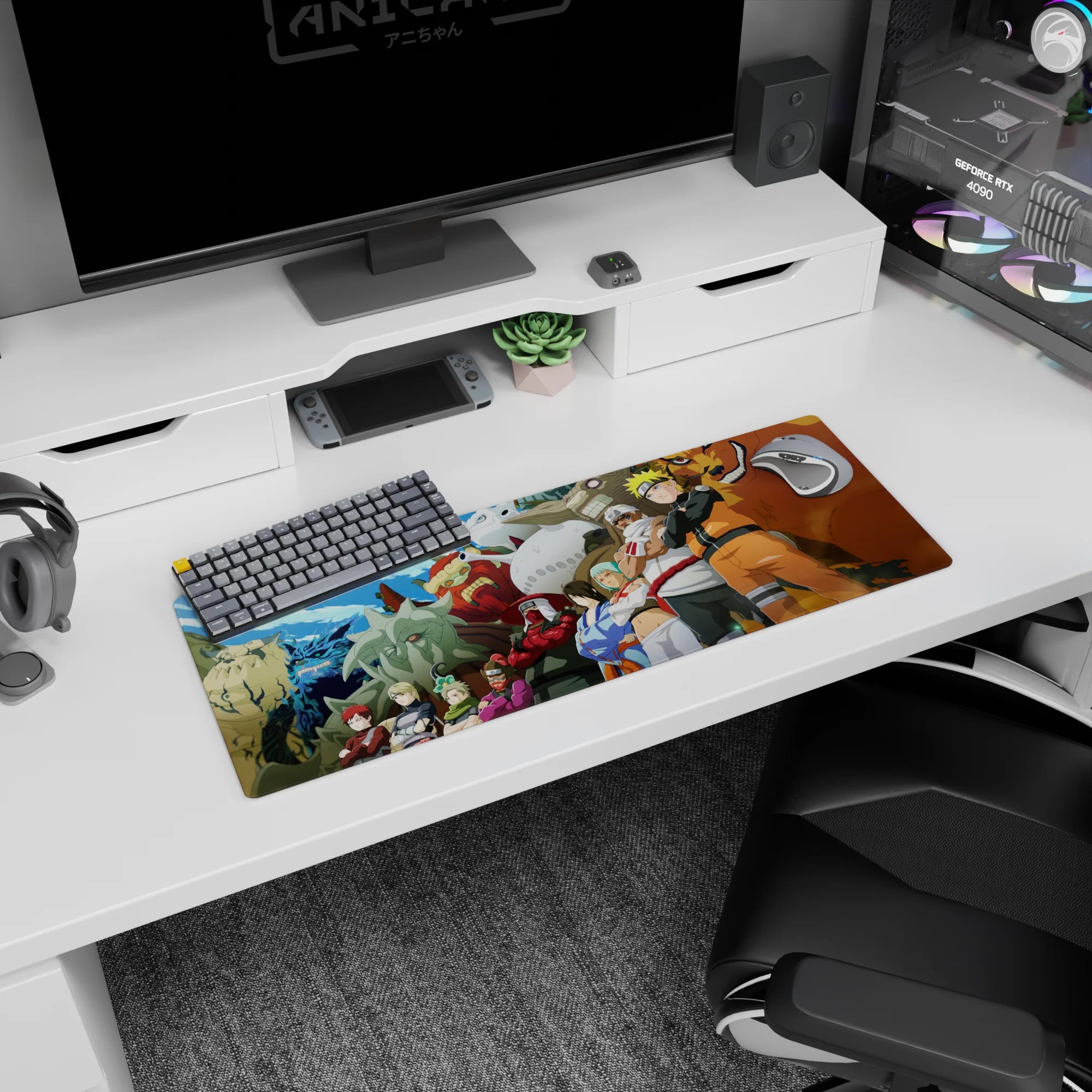 32x12 inches Naruto Uzumaki anime mouse pad with Killer Bee and Yugito Nii, Kurama looming behind.