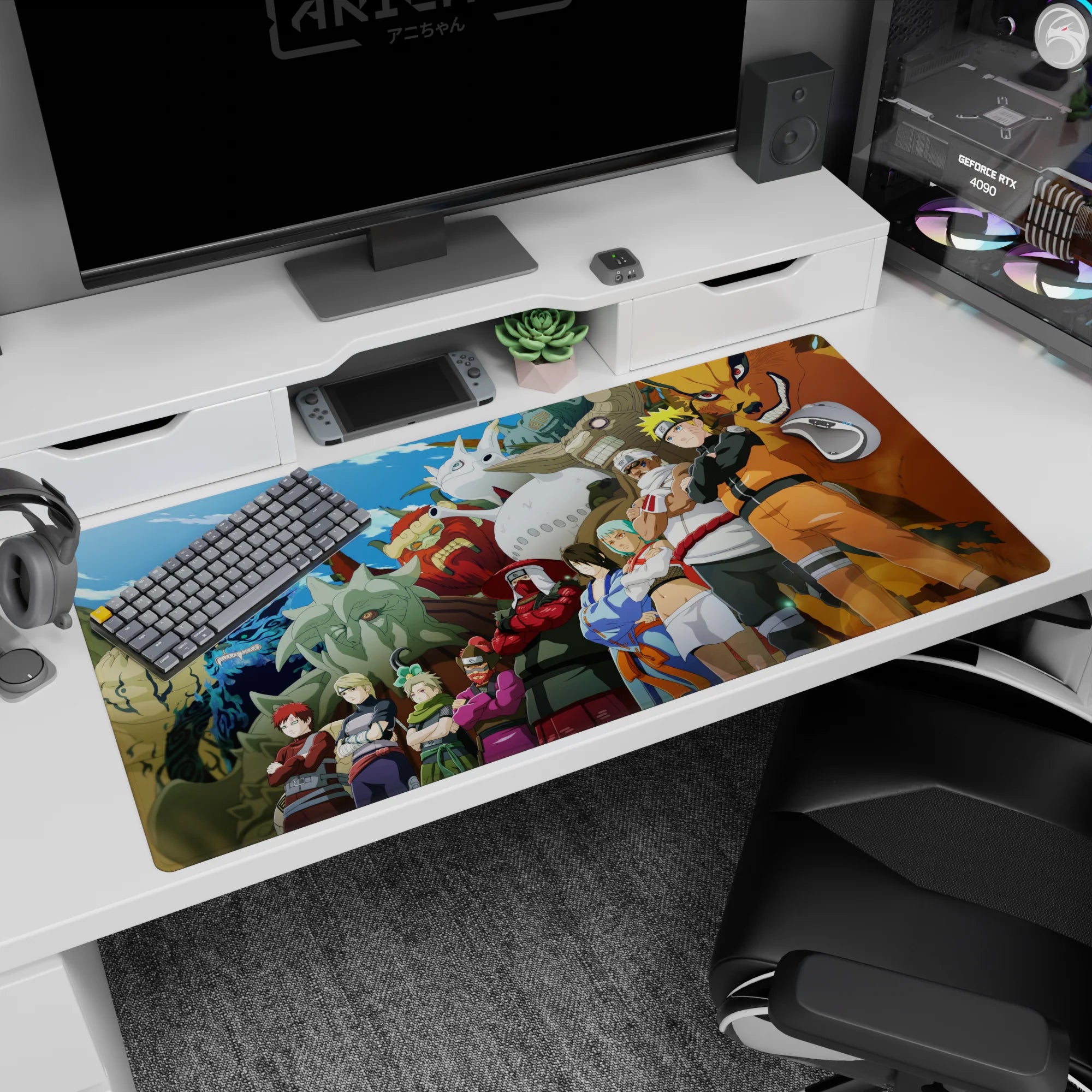 40x20 inches Naruto Uzumaki desk pad standing with Killer Bee and Yugito Nii as Tailed Beasts loom behind.