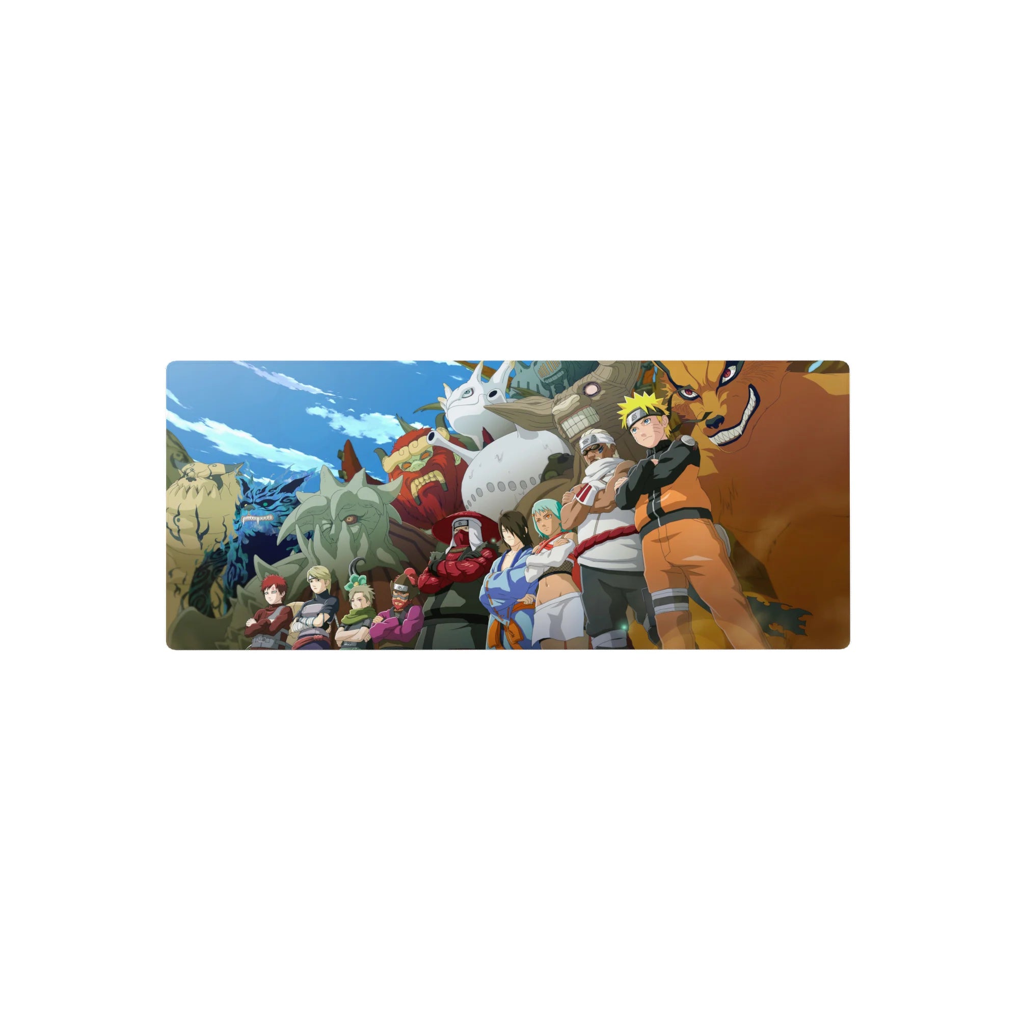28x12 inches anime mouse pad with Naruto team lineup and bold Tailed Beasts backdrop under bright sky.