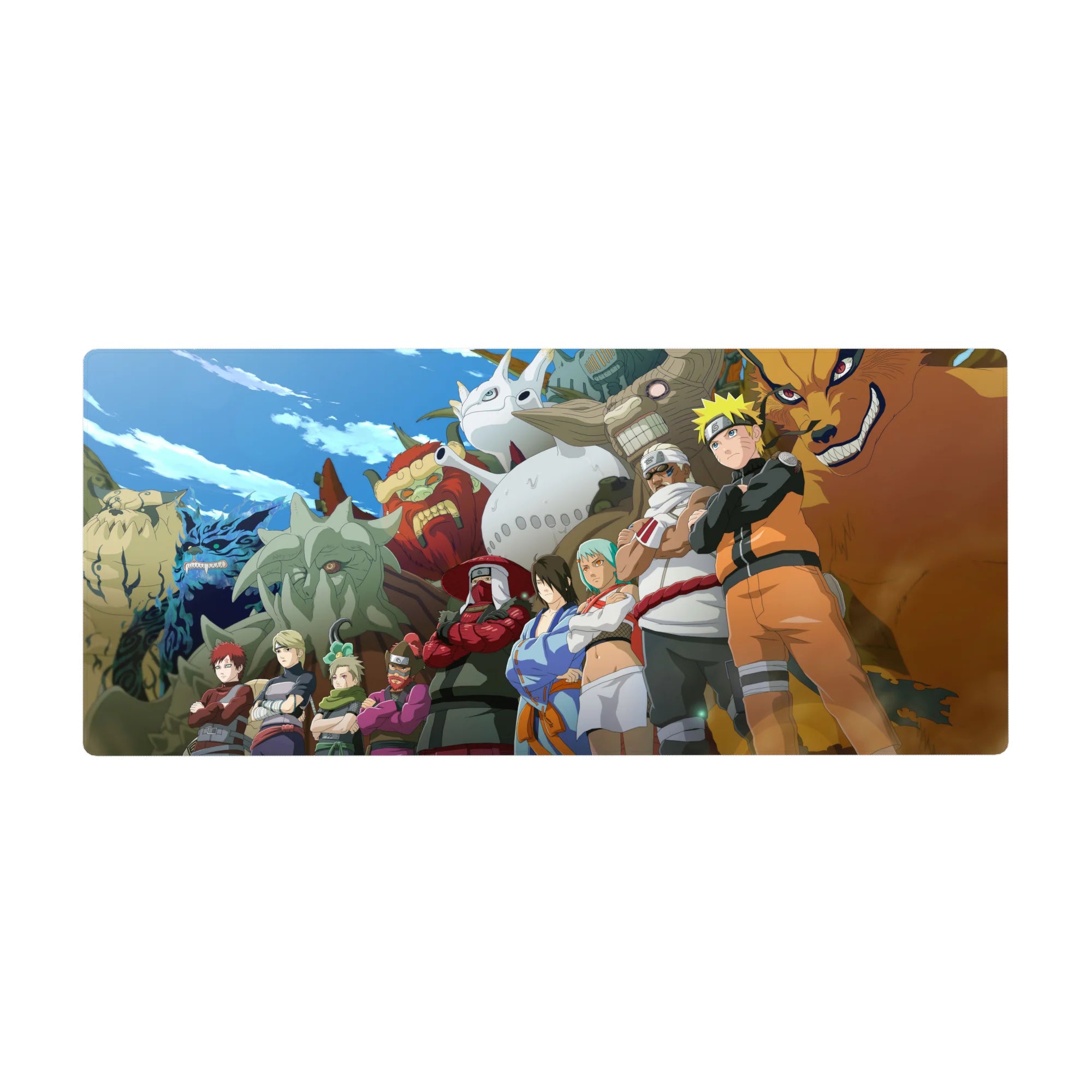 36x16 inches anime desk pad with Naruto team lineup and Tailed Beasts towering behind.