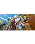 36x16 inches anime desk pad with Naruto team lineup and Tailed Beasts towering behind.
