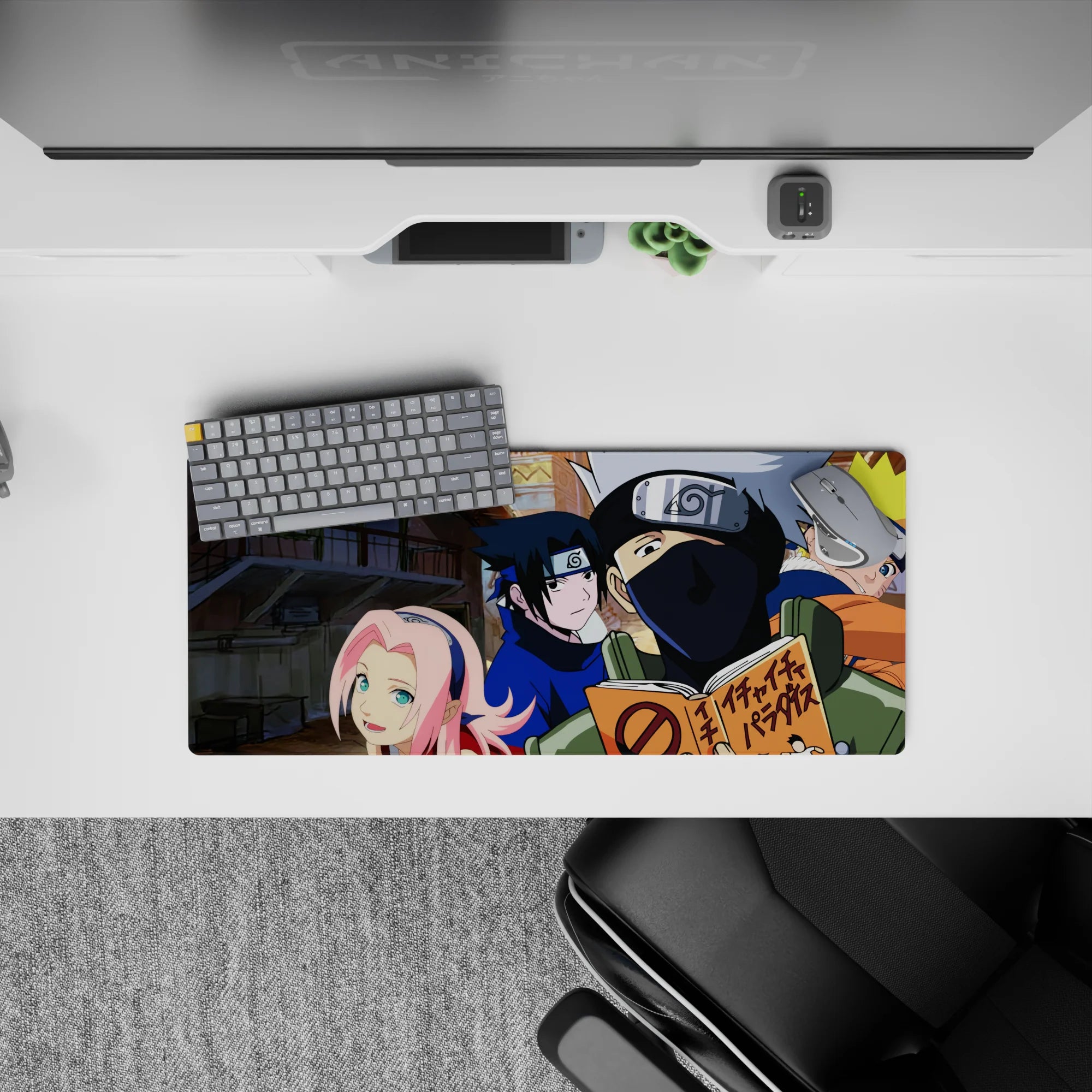 Mouse pad featuring Team 7 from Naruto in vibrant colors, size 28x12 inches, showcasing Naruto, Sasuke, Sakura, and Kakashi.