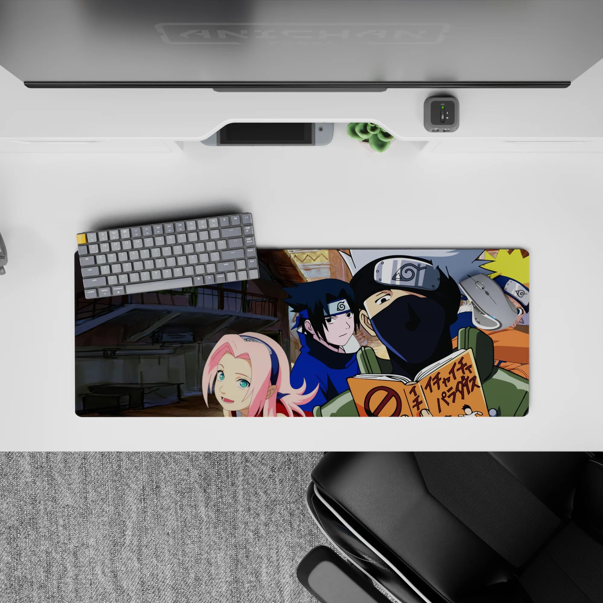 Naruto anime mouse pad 32x12 inches featuring Team 7: Naruto, Sasuke, Sakura, and Kakashi in vibrant, nostalgic style.