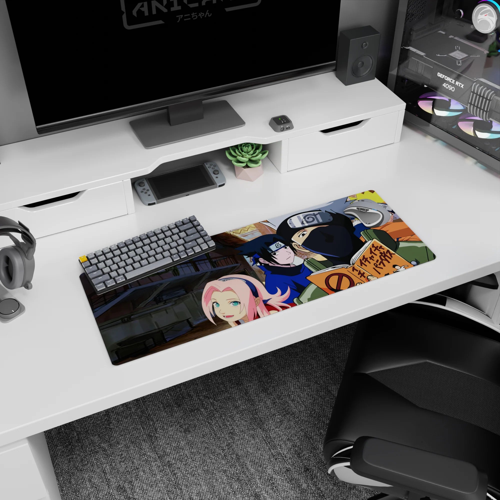 Anime mouse pad featuring Team 7 from Naruto, size 32x12 inches. Naruto, Sasuke, Sakura, and Kakashi in vibrant colors.