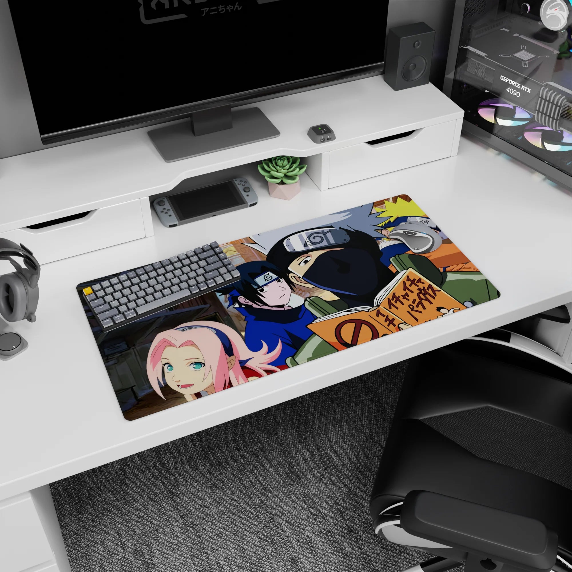 Anime mouse pad 32x16 inches featuring Naruto's Team 7: Naruto, Sasuke, Sakura, and Kakashi with vibrant village backdrop.