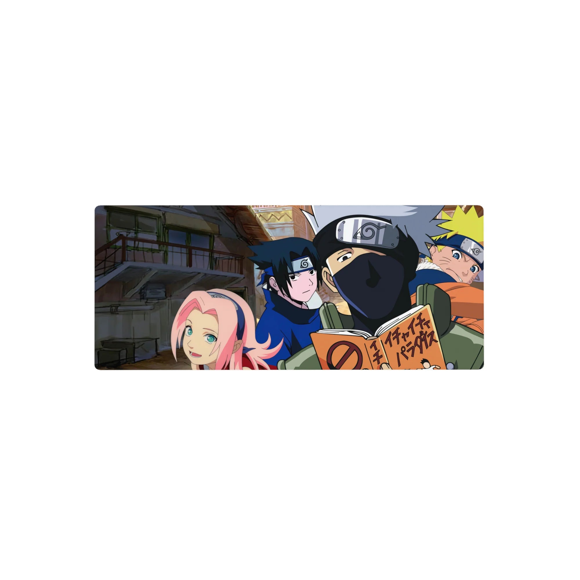Anime mouse pad 28x12 inches featuring Team 7 from Naruto with Naruto, Sasuke, Sakura, and Kakashi against a village backdrop.