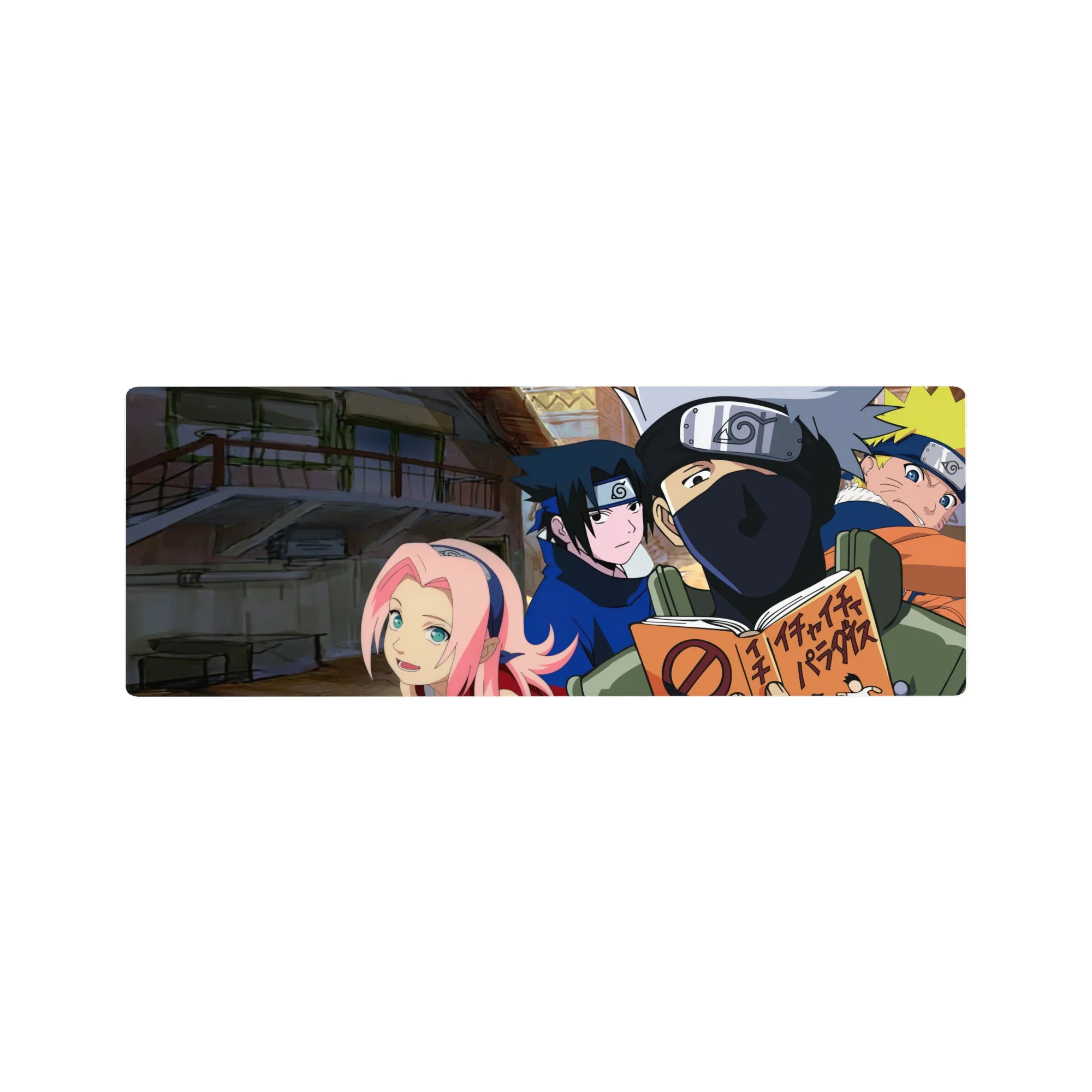 Team 7 anime mouse pad, 32x12 inches, featuring Naruto, Sasuke, Sakura, and Kakashi with bright colors and nostalgic style.